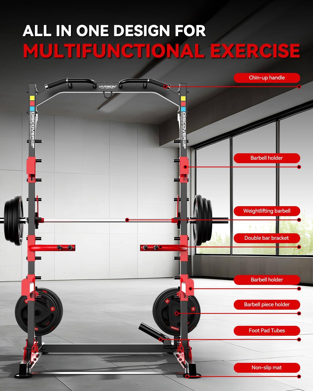 ALL IN ONE DESIGN FOR MULTIFUNCTIONAL EXERCISE

- Chin-up handle
- Barbell holder
- Weightlifting barbell
- Double bar bracket
- Barbell holder
- Barbell piece holder
- Foot Pad Tubes
- Non-slip mat