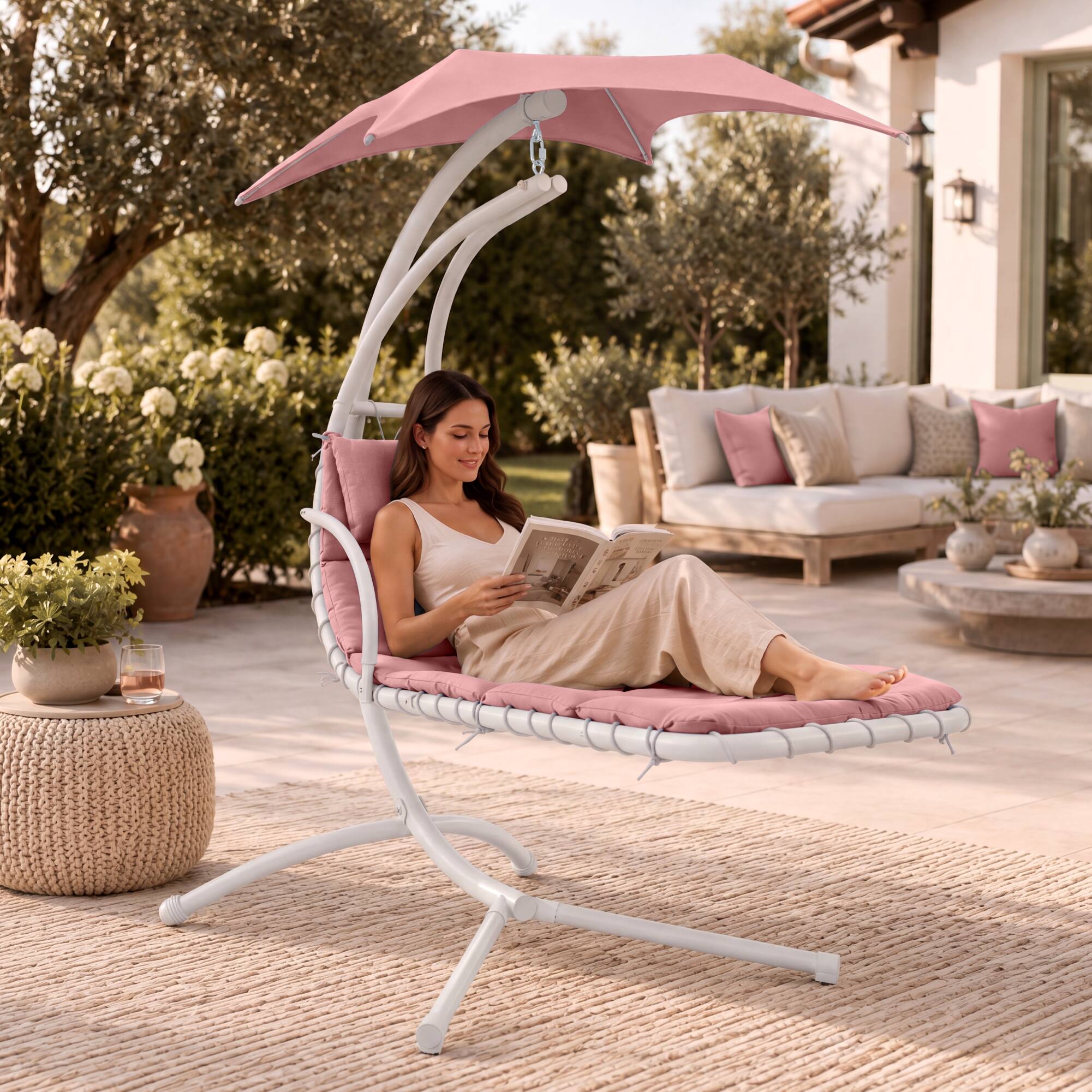 Alt View 6. Best Choice Products - Best Choice Products Hanging Curved Chaise Lounge Chair Swing w/ Pillow, Shade, Stand w/ gray pole - Flamingo Pink - Flamingo Pink.