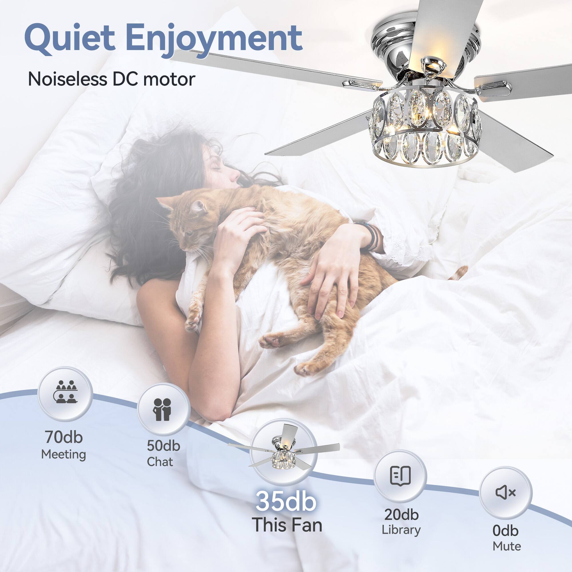 Quiet Enjoyment  
Noiseless DC motor  

70db Meeting  
50db Chat  
35db This Fan  
20db Library  
0db Mute