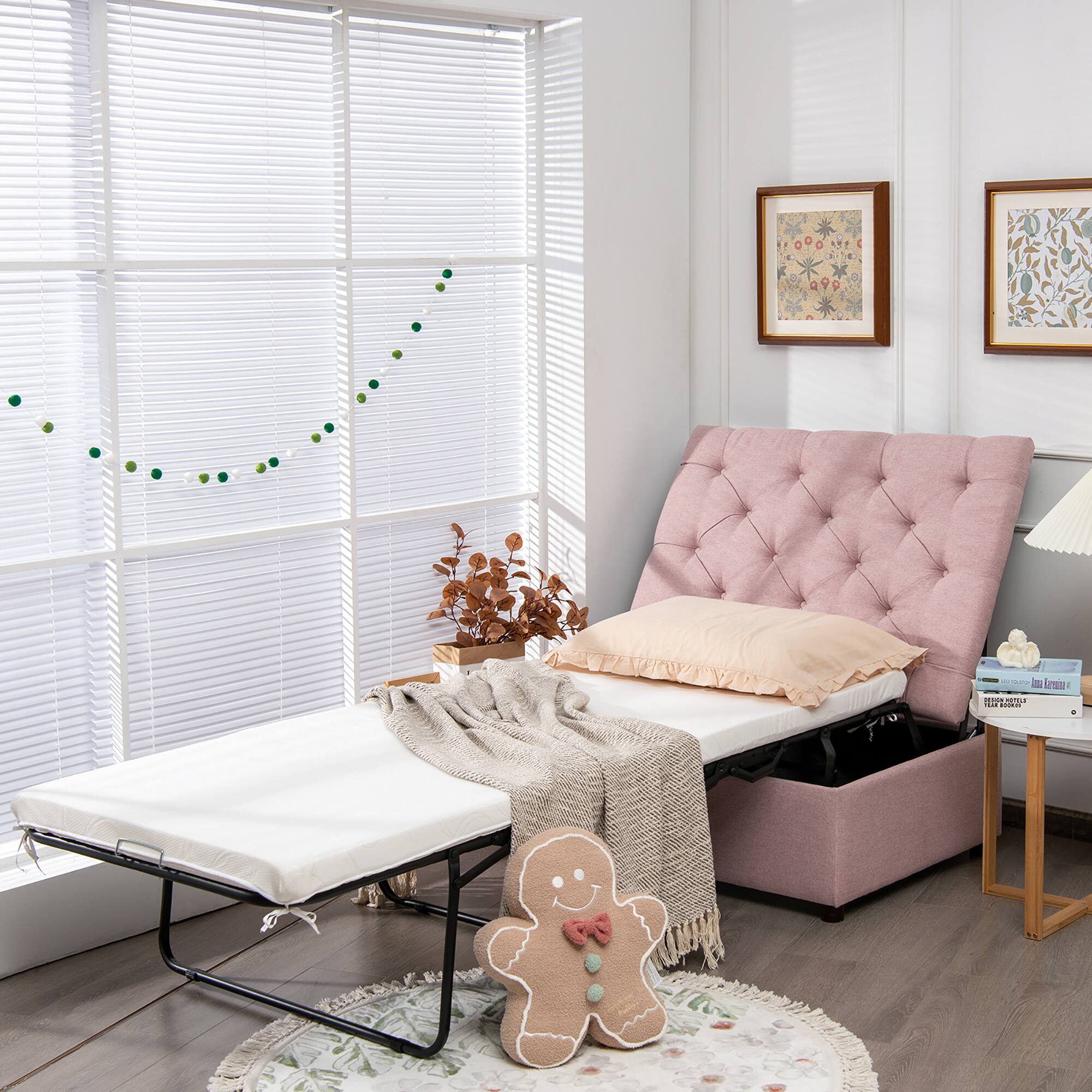 Alt View 1. Costway - Costway Folding Ottoman Sleeper Bed with Mattress Convertible Guest Bed - Pink.