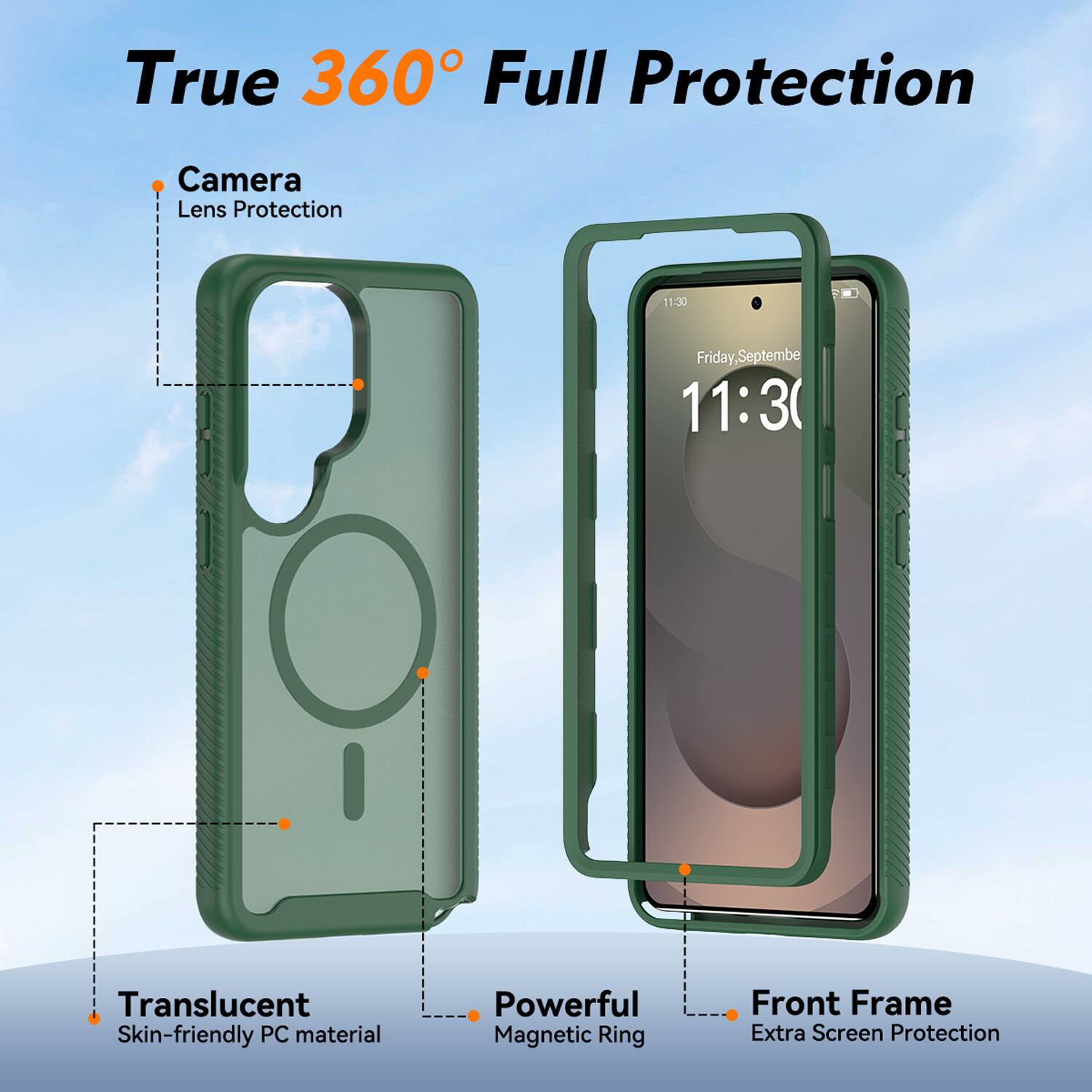 True 360° Full Protection

- Camera Lens Protection
- Translucent Skin-friendly PC material
- Powerful Magnetic Ring
- Front Frame Extra Screen Protection