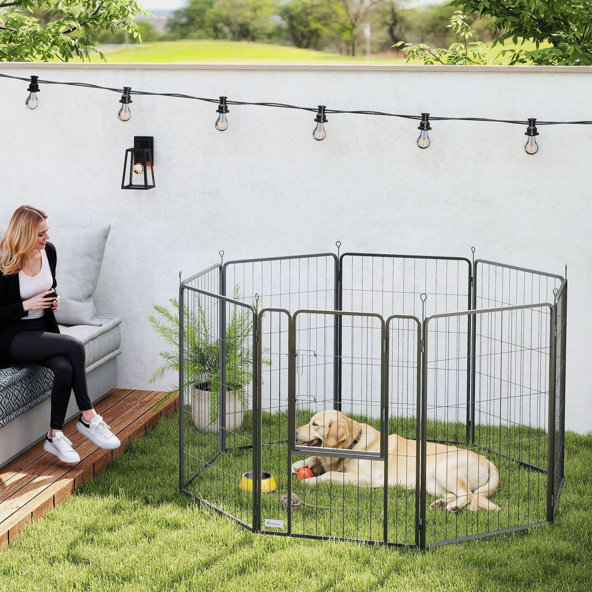 Angle. Pawhut - Dog Playpen, 39.4" H 8 Panels Puppy Playpen w/Lockable Door, Indoor/Outdoor, DIY Shape Pet Fence for Small to Large Dogs - Black.