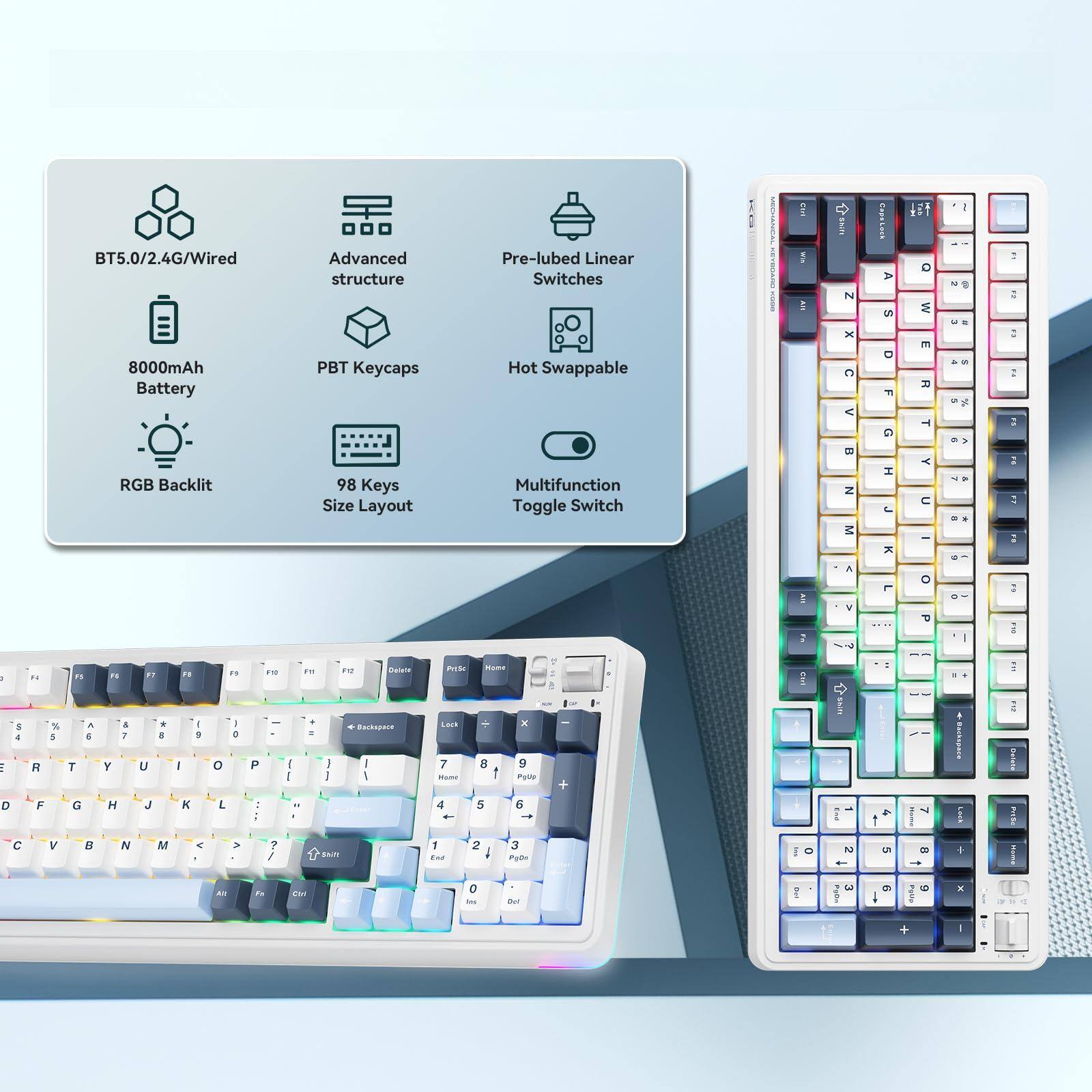 BT5.0/2.4G/Wired  
8000mAh Battery  
RGB Backlit  
Advanced structure  
PBT Keycaps  
98 Keys Size Layout  
Pre-lubed Linear Switches  
Hot Swappable  
Multifunction Toggle Switch
