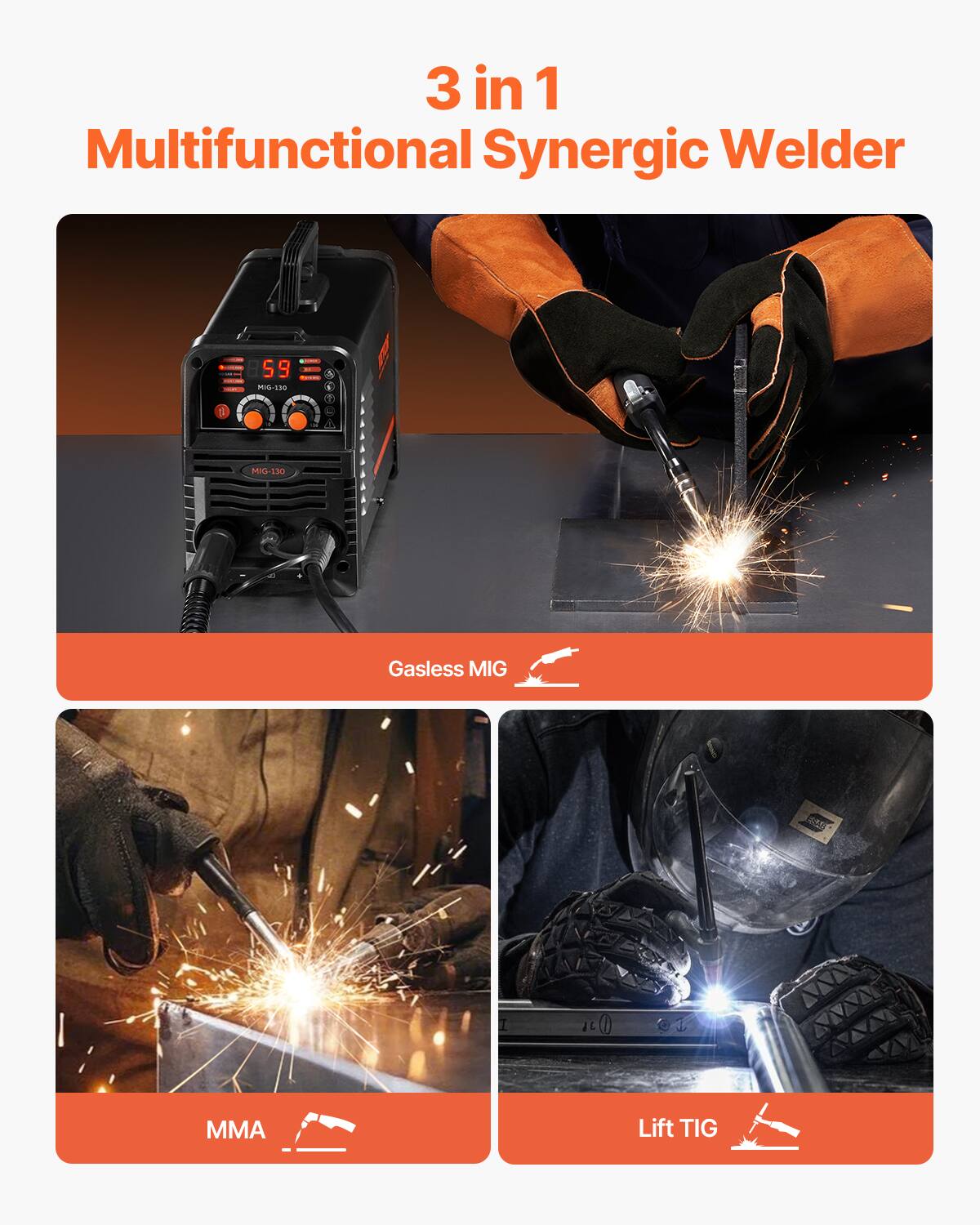 3 in 1 Multifunctional Synergic Welder

- Gasless MIG
- MMA
- Lift TIG