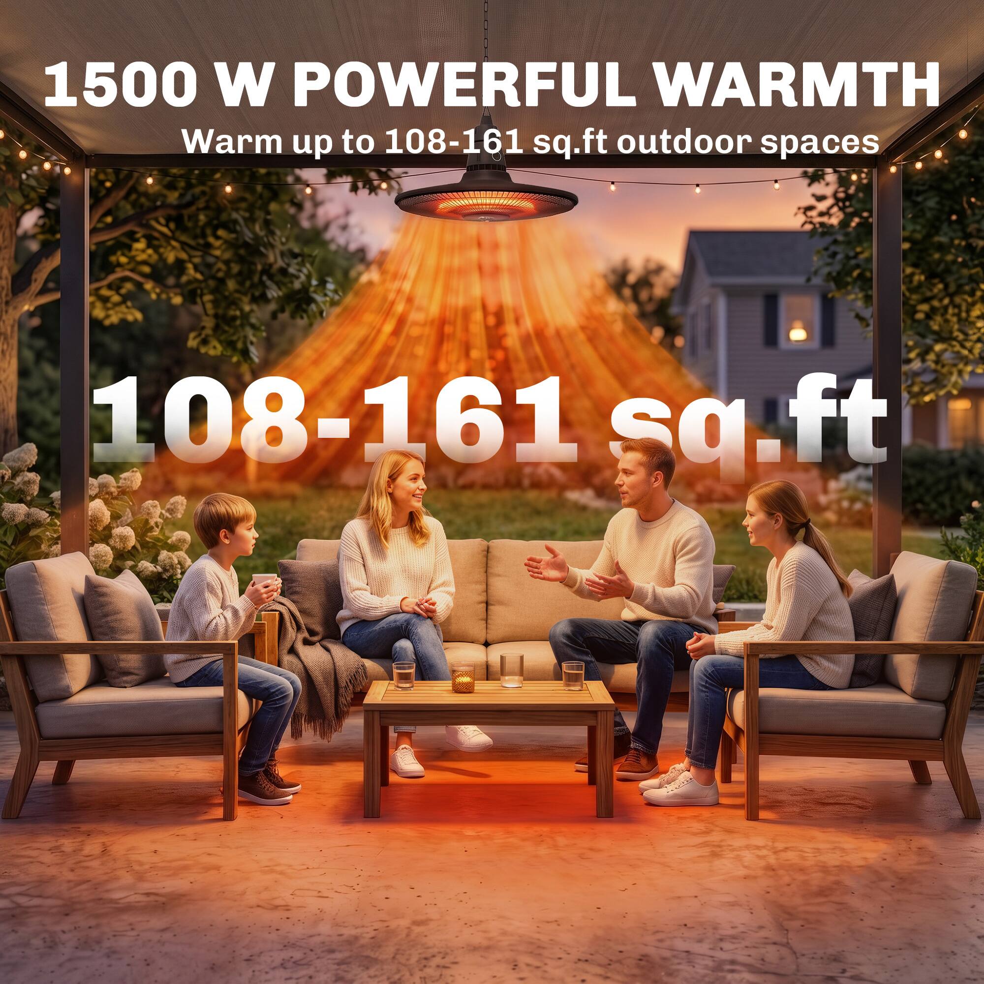 1500 W POWERFUL WARMTH  
Warm up to 108-161 sq.ft outdoor spaces  
108-161 sq.ft