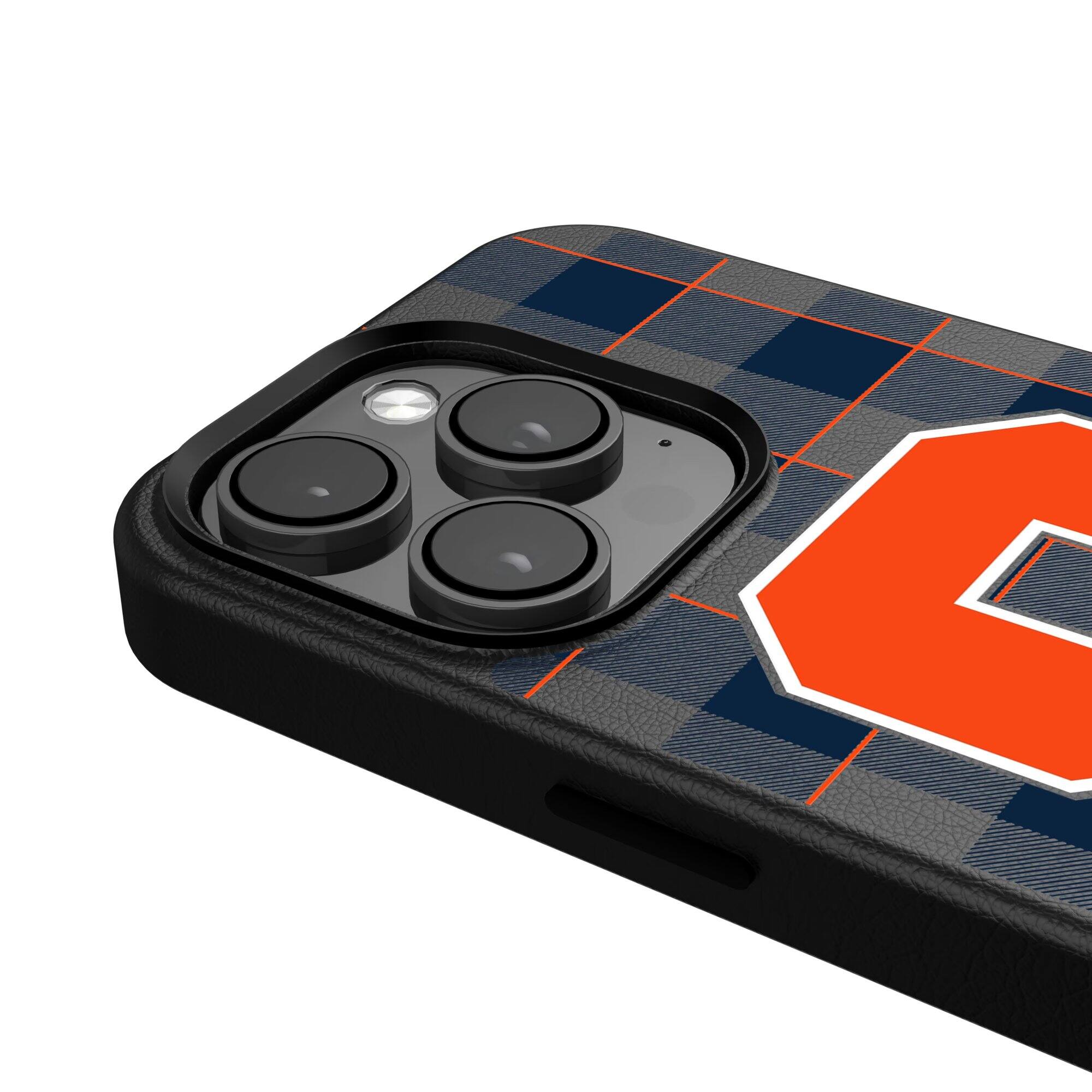 Alt View 3. Keyscaper - Syracuse Orange Plaid Magnetic Bump iPhone Case - 15 Plus - Black.
