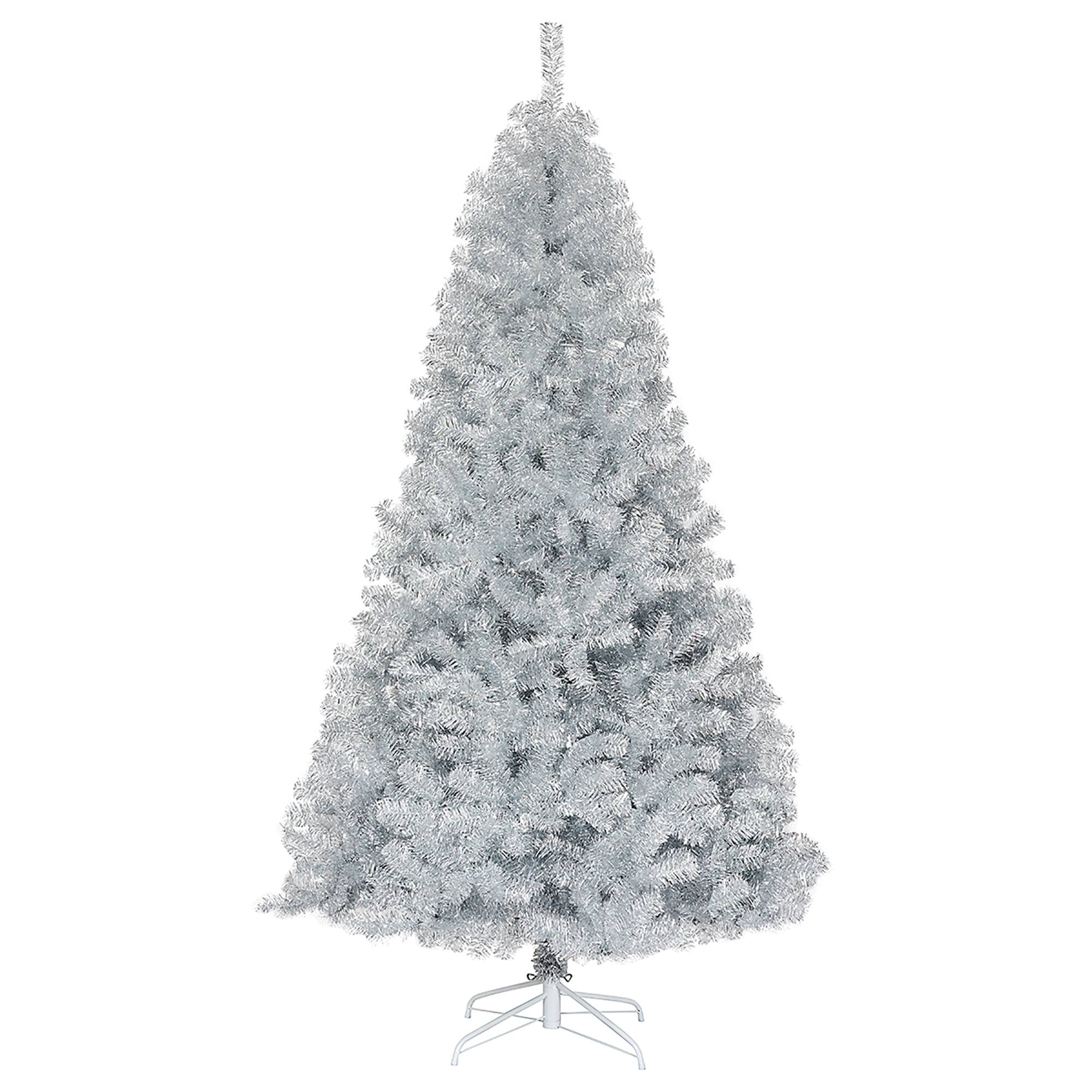 Costway - 7.5Ft Hinged Unlit Artificial Tinsel Christmas Tree Holiday w/Metal Stand - Silver