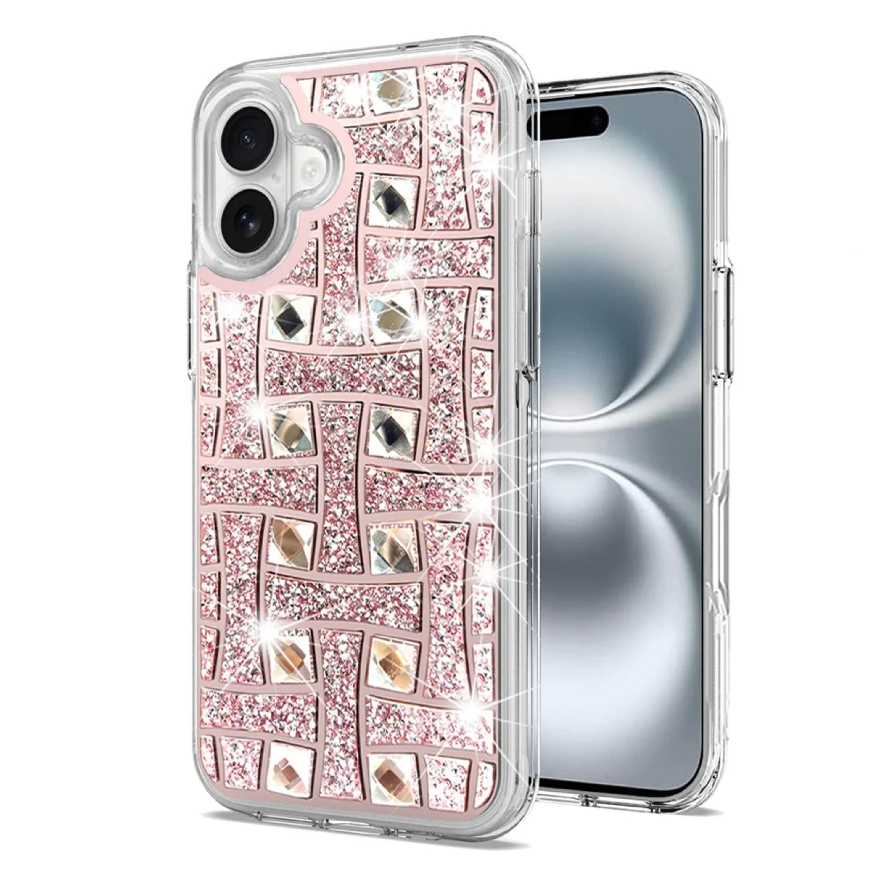 Kitcheniva - Shimmering Bling Hybrid Shockproof Phone Cover With Tempered Glass For iPhone 16 Light Pink - Multicolor