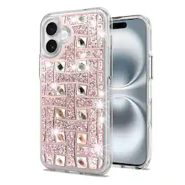 Kitcheniva - Shimmering Bling Hybrid Shockproof Phone Cover With Tempered Glass For iPhone 16 Light Pink - Multicolor
