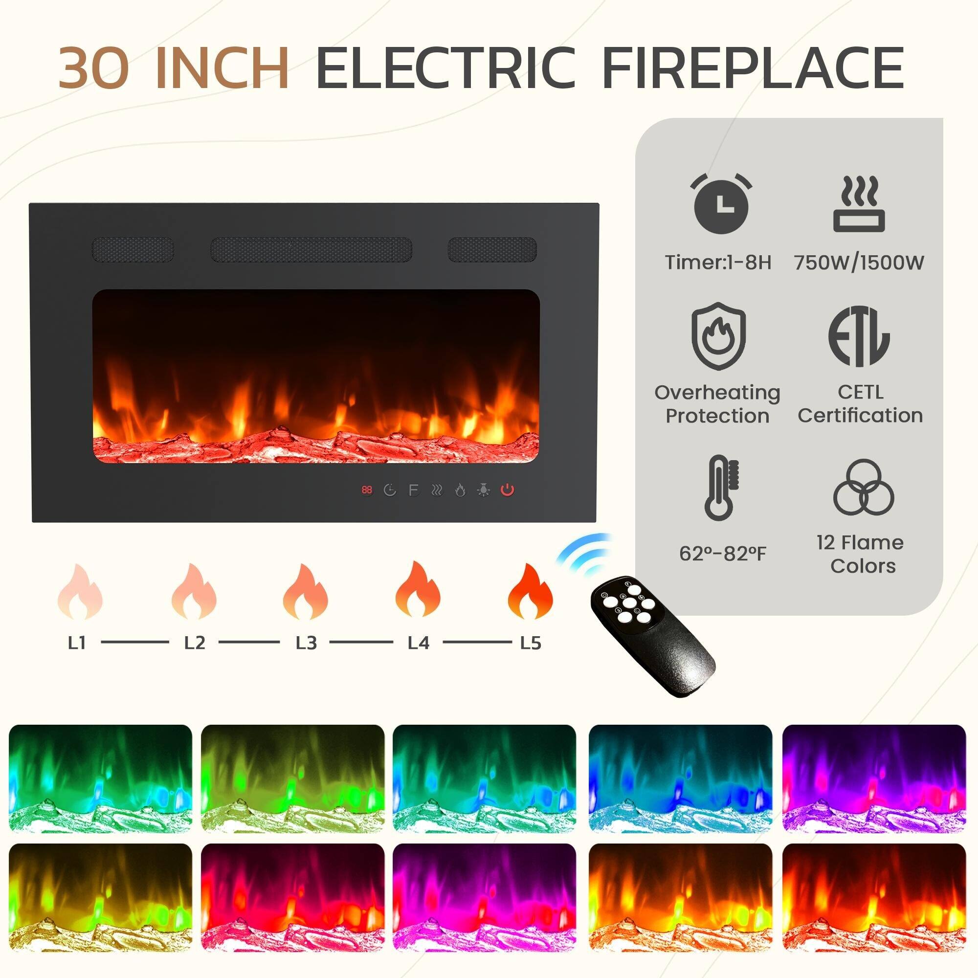 30 INCH ELECTRIC FIREPLACE

Timer: 1-8H  
750W/1500W  
Overheating Protection  
CETL Certification  
62-82°F  
12 Flame Colors  
L1 L2 L3 L4 L5