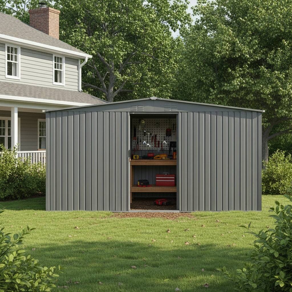Left. Mondawe - 13×11 ft Outdoor Storage Shed with Tool Space and Firewood Storage - Grey.