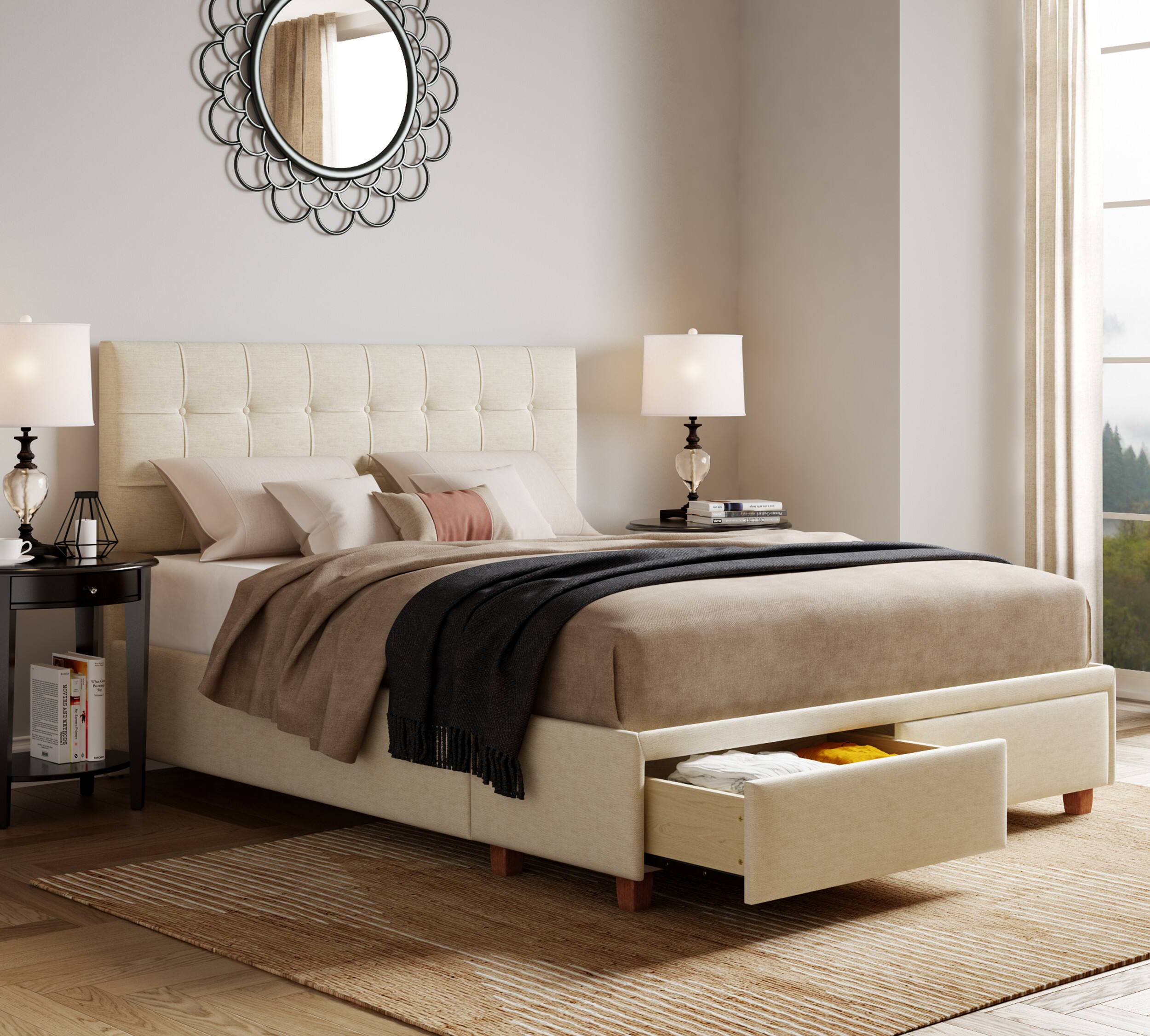Left. Click Decor - Edmond Storage Bed with Adjustable Height Headboard Queen Size - Beige.