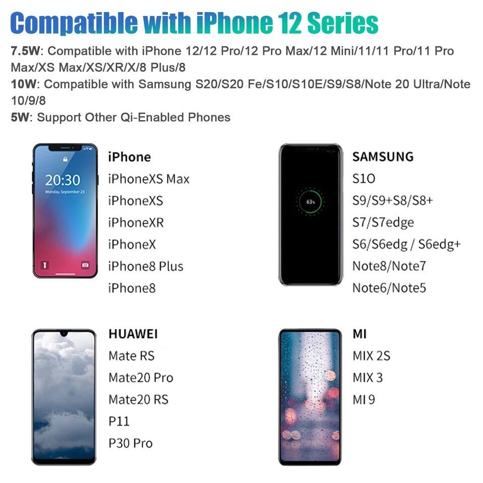 **Compatible with iPhone 12 Series**

**7.5W:**
- Compatible with iPhone 12/12 Pro/12 Pro Max/12 Mini/11/11 Pro/11 Pro Max/XS Max/XS/XR/X/8 Plus/8

**10W:**
- Compatible with Samsung S20/S20 Fe/S10/S10E/S9/S8/Note 20 Ultra/Note 10/9/8

**5W:**
- Support Other Qi-Enabled Phones

**iPhone:**
- iPhoneXS Max
- iPhoneXS
- iPhoneXR
- iPhoneX
- iPhone8 Plus
- iPhone8

**SAMSUNG:**
- S10
- S9/S9+/S8/S8+
- S7/S7edge
- S6/S6edge/S6edge+
- Note8/Note7
- Note6/Note5

**HUAWEI:**
- Mate RS
- Mate20 Pro
- Mate20 RS
- P11
- P30 Pro

**MI:**
- MIX 2S
- MIX 3
- MI 9