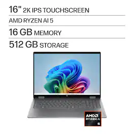 HP - OmniBook X Flip 2-in-1 - 16" 2K Touchscreen Laptop - AMD Ryzen AI 5 430 (2026) - 16GB Memory - 512GB SSD - Copilot+ PC - Meteor Silver