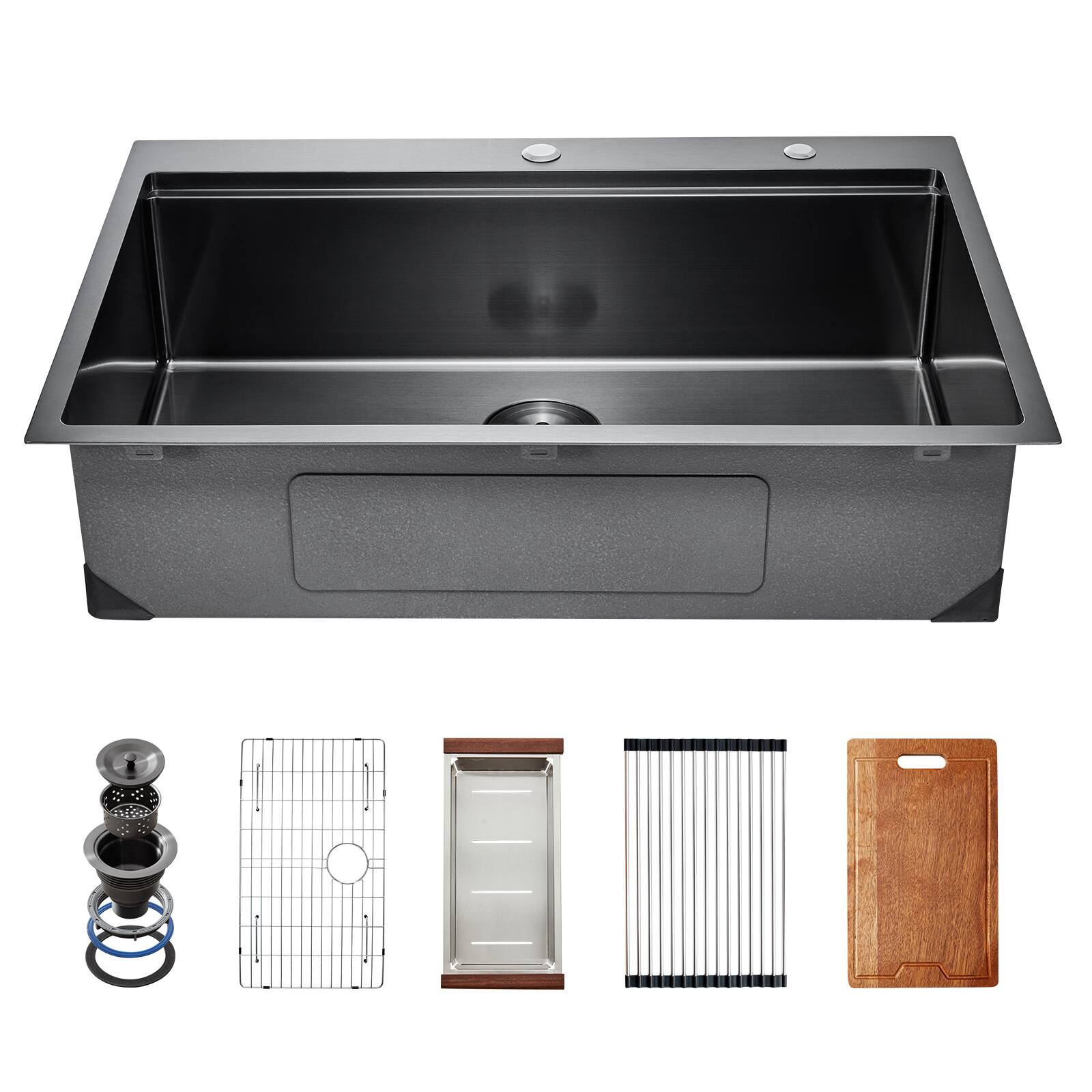 Front. VEVOR - 33 inch Kitchen Sink Workstation, 304 Stainless Steel Top Mount Sinks, Drop-In Single Bowl Farmhouse Basin - Black.
