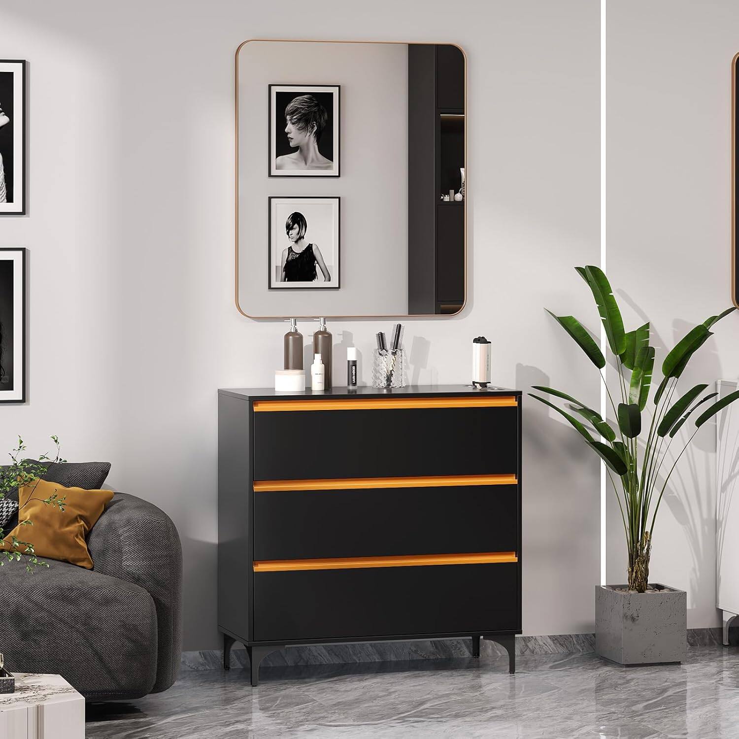 Angle. Winado - Multi-Functional Salon Station Free Standing Styling Cabinet with 3 Drawers, Square Mirror, Hair Dryer Holder for Beauty - Black & Gold.