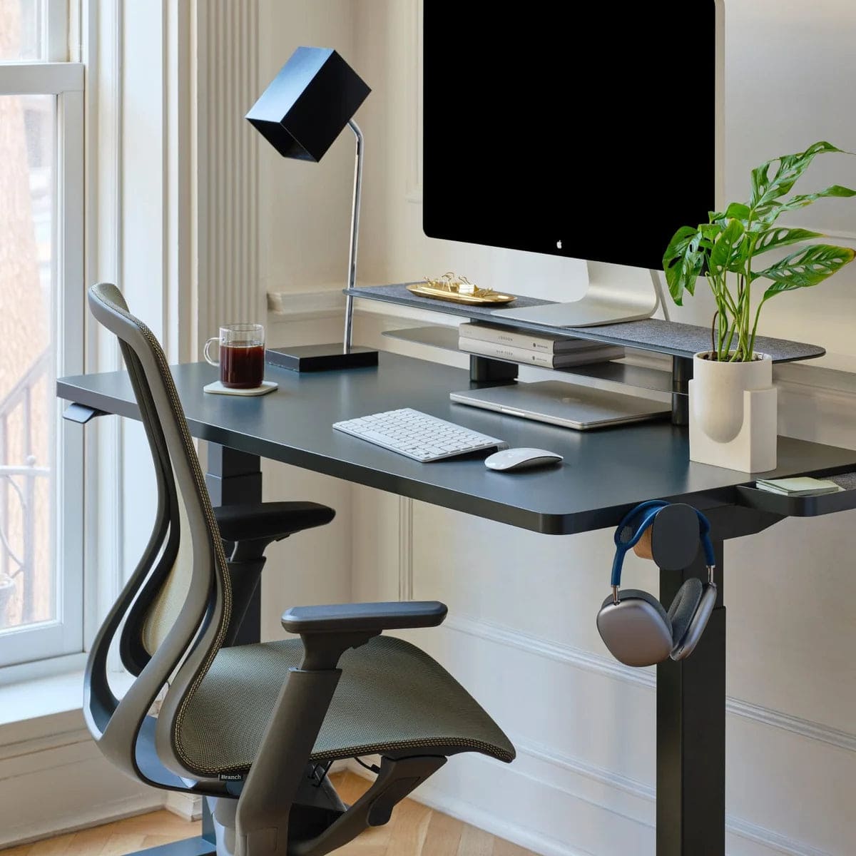 Branch Furniture - Duo Standing Desk 58" – Adjustable Desk with OLED Control Panel, Frameless Design & Compact Footprint - Charcoal / Charcoal