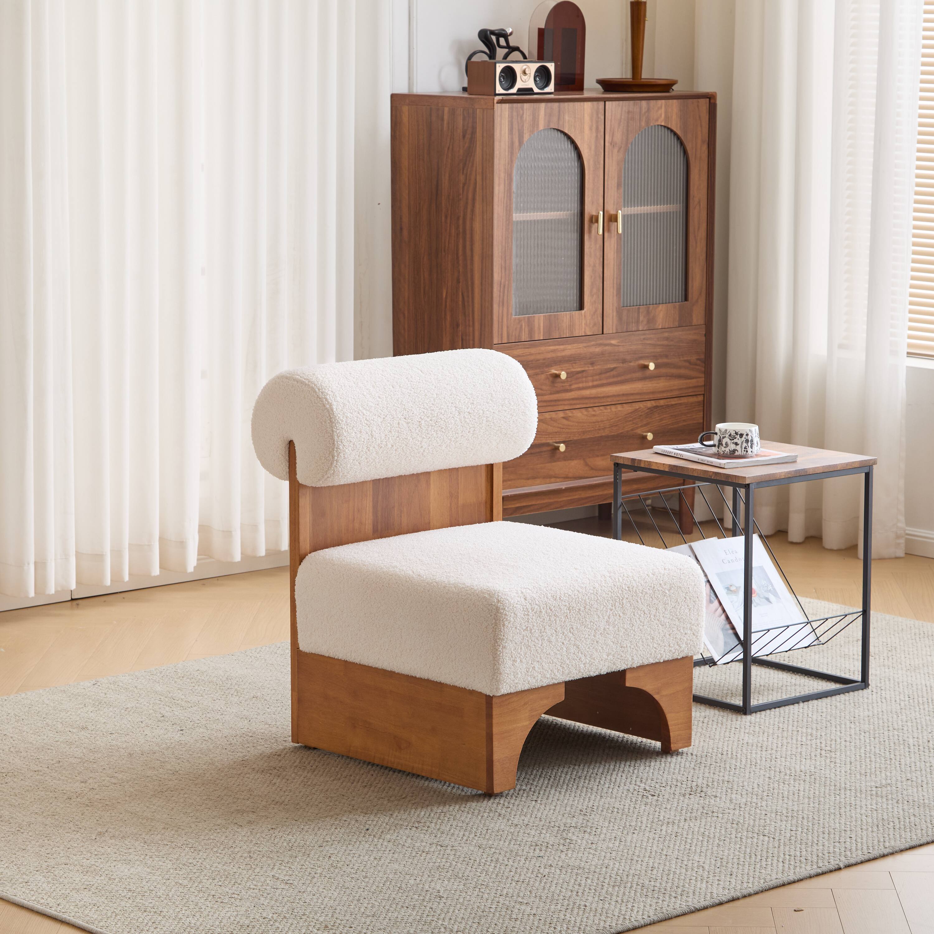 Front. TinyHomie - Modern Boucle Lounge Chair Solid Wood Frame Rolled Backrest - white.