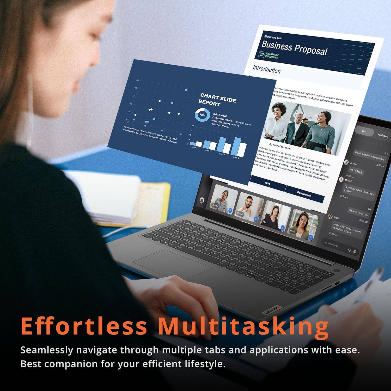 - A Noer Business Proposal
- Introduction
- MEUAL
- sENS mantus
- CHART SLIDE REPORT
- 1% AA
- N mtutaration
- nngtotnscie
- beokground
- CpPiL
- TH
- fb Istmmarials anthre
- MU
- Muts T heied
- LETIONO

Effortless Multitasking  
Seamlessly navigate through multiple tabs and applications with ease.  
Best companion for your efficient lifestyle.