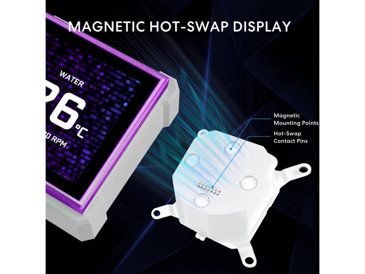 MAGNETIC HOT-SWAP DISPLAY

- WATER 26°C
- 0 RPM

Magnetic Mounting Points
Hot-Swap Contact Pins