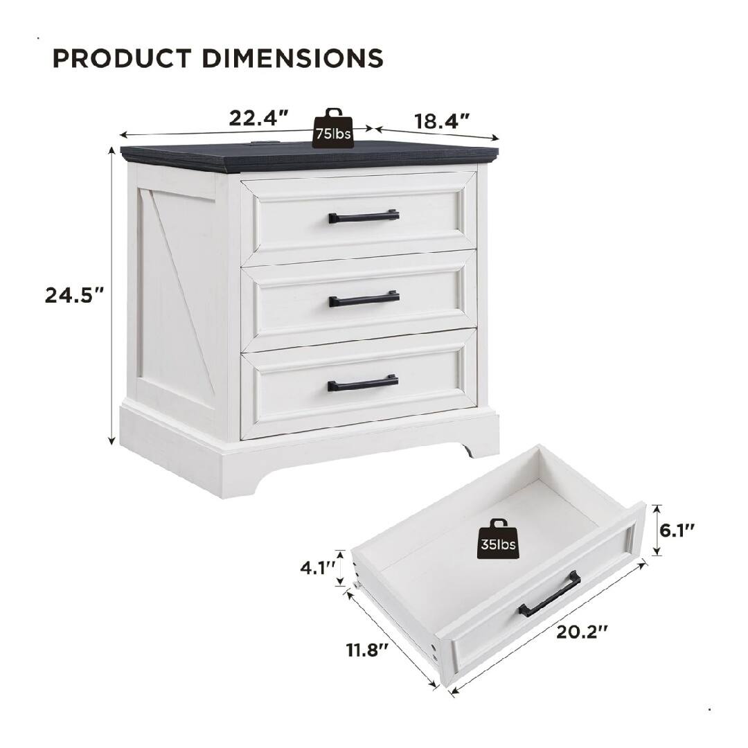 PRODUCT DIMENSIONS

- Width: 22.4"
- Depth: 18.4"
- Height: 24.5"
- Drawer Height: 4.1"
- Drawer Width: 20.2"
- Drawer Depth: 11.8"
- Drawer Height: 6.1"

- Top Weight Capacity: 75 lbs
- Drawer Weight Capacity: 35 lbs
