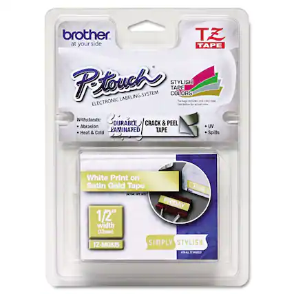 - Brother at your side
- P-touch Electronic Labeling System
- Stylish Tape Colors
- Package includes one color tape. See below for actual color.
- Withstands: Abrasion, Heat & Cold, UV, Spills
- Durable Laminated Crack & Peel Tape
- White Print on Satin Gold Tape
- 1/2" width (12mm)
- TZ-MQ835
- Simply Stylish for all TZ models
- TZ Tape
- Jane S
- Friday
