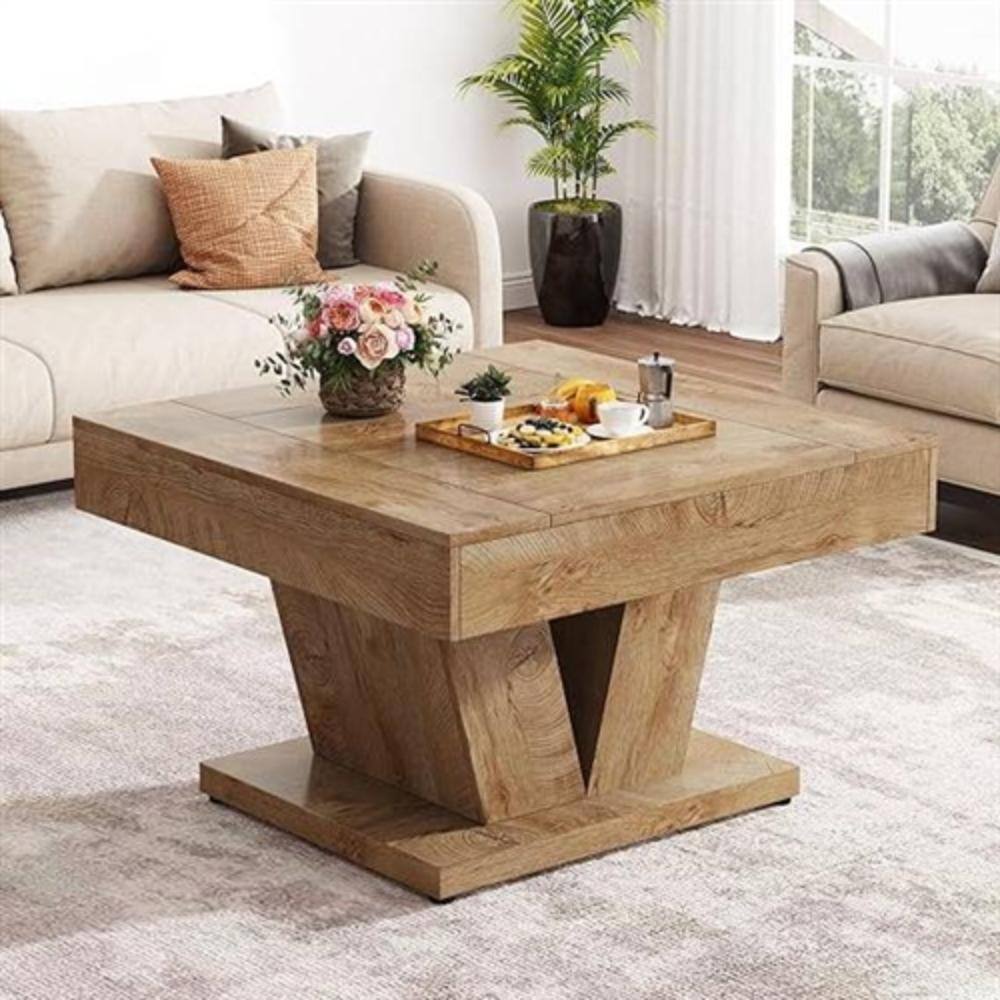 Angle. Hivvago - Modern Farmhouse Style Square Coffee Table in Natural Wood Finish - Natural.