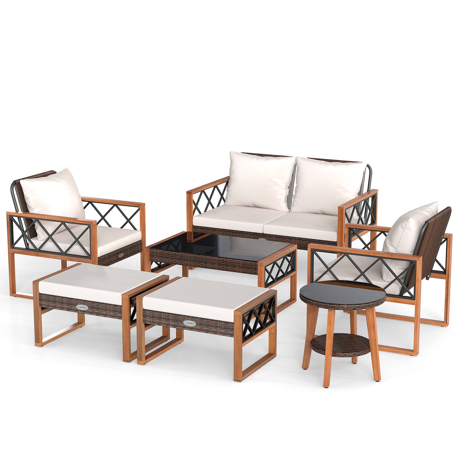 Front. Gymax - Gymax 7 PCS Patio PE Wicker Furniture Set w/ Ottomans Cushions & Tables Chair Couch Outdoor Brown - Brown.