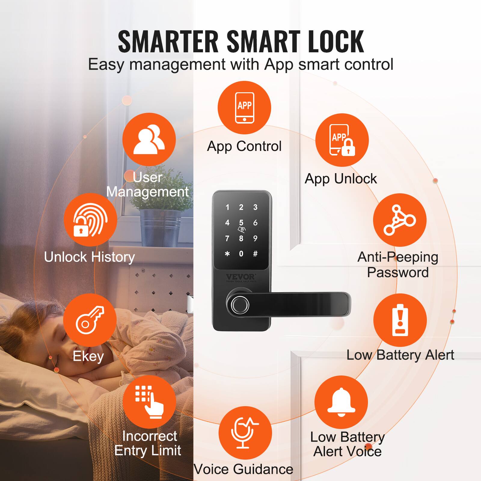 SMARTER SMART LOCK
Easy management with App smart control

1. App Control
2. User Management
3. App Unlock
4. Unlock History
5. Ekey
6. Incorrect Entry Limit
7. Anti-Peeping Password
8. Low Battery Alert
9. Low Battery Alert Voice
10. Voice Guidance