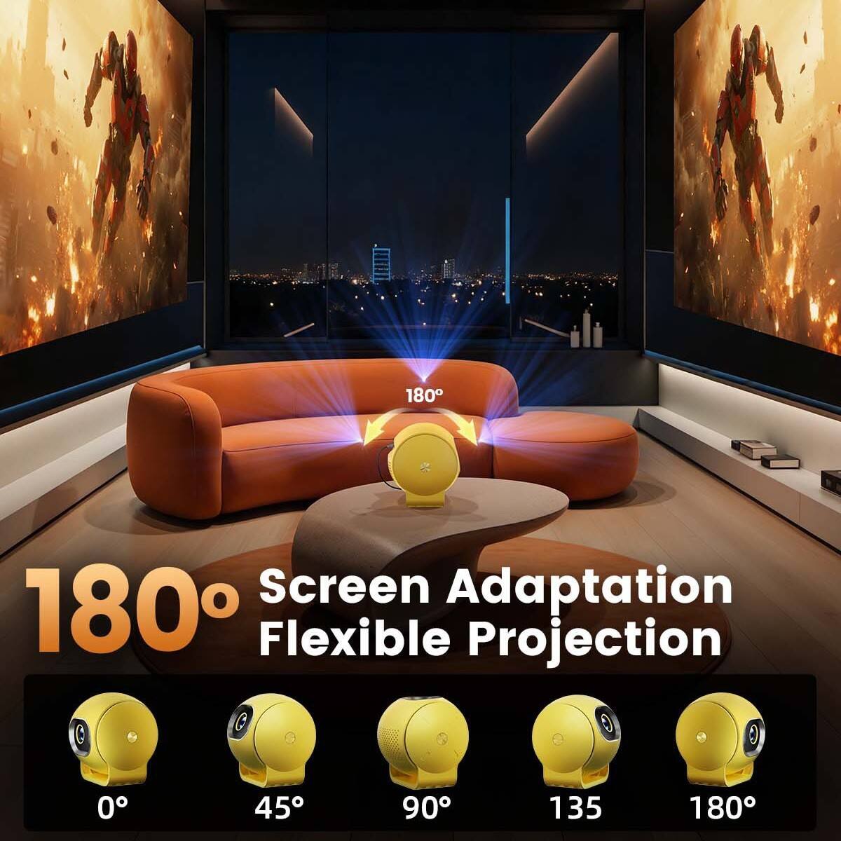 180° Screen Adaptation  
Flexible Projection  

0° 45° 90° 135° 180°