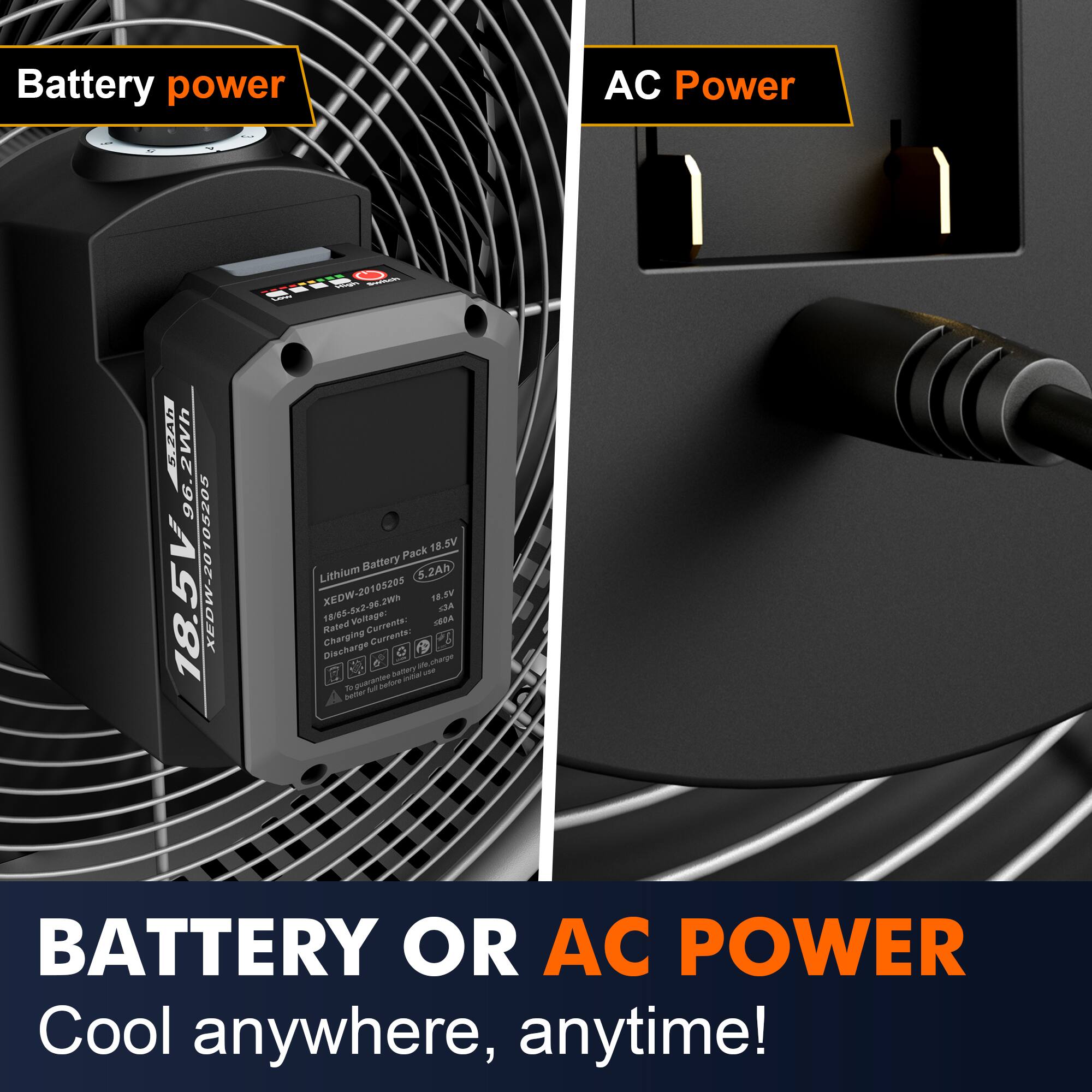 Battery power AC Power

BES FRAh 96.2Wh 96 105205 18.5V XEDW-20105205 1 58.5V Pack Battery 5.2Ah Lithium XEDW-20105205 18.BV KSA 865-5x2-08,200

Voltage: 18.5V
Rated Current: 5.2Ah
Charging Current: 3A
Discharge Current: 60A

BATTERY OR AC POWER
Cool anywhere, anytime!