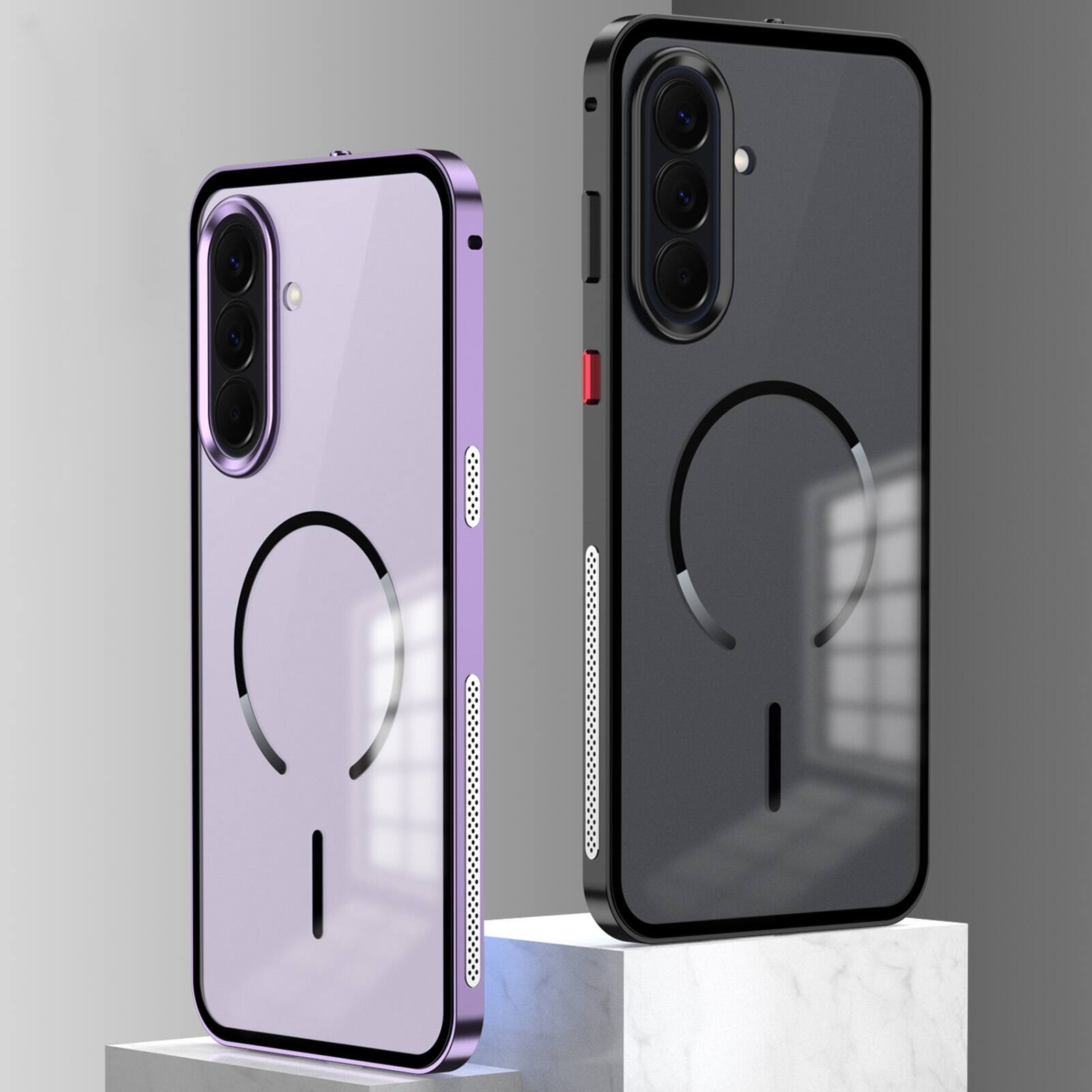 Left. Dteck - Magnetic Aluminum Bumper Case for Samsung Galaxy A37 5G, Slim Shockproof Translucent Matte Phone Cover with Buckle Lock - Silver.