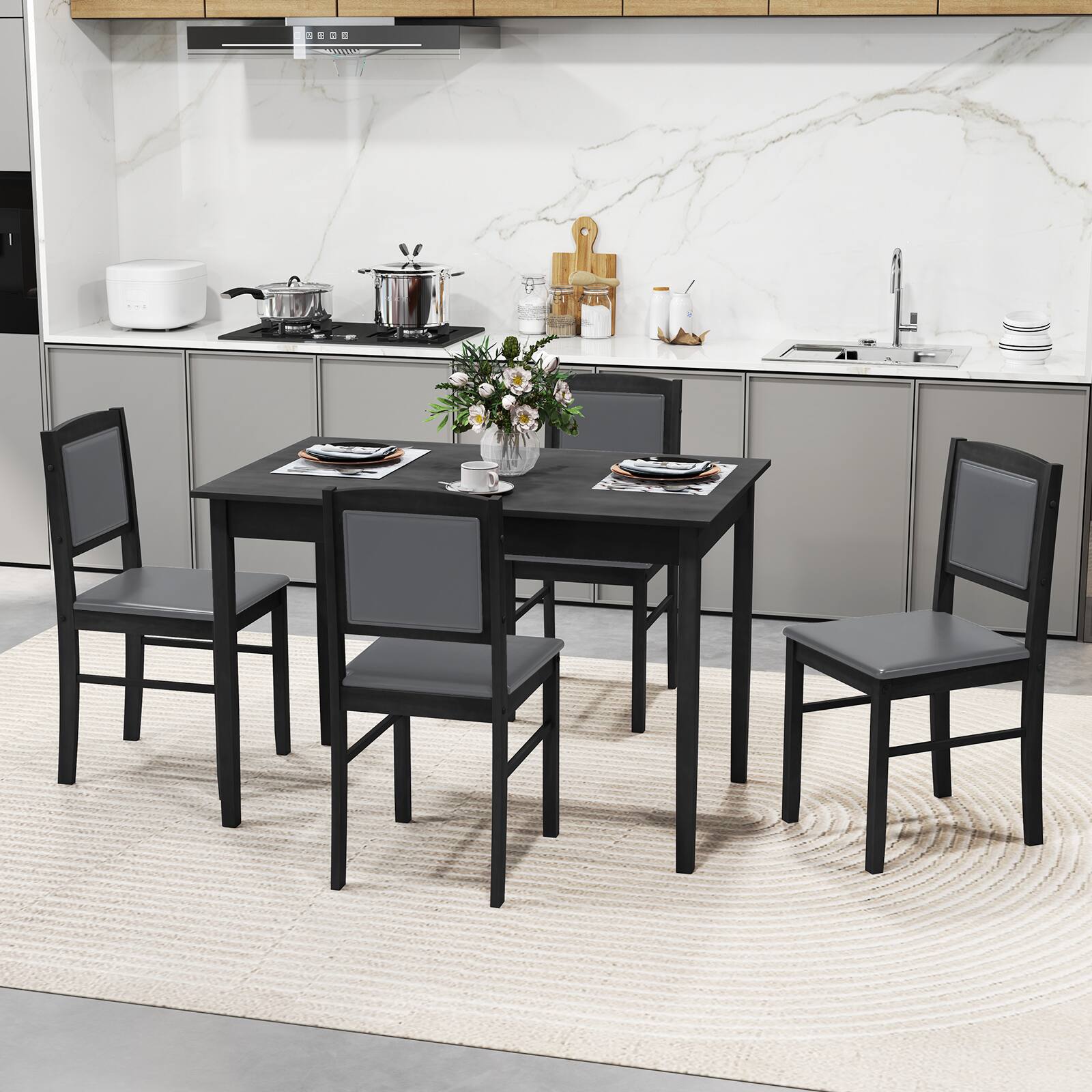 Alt View 3. Gymax - Gymax 5 PCS Dining Table Set for 4 w/Rubber Wood Legs Upholstered Seat Padded Backrest Gray - Gray.