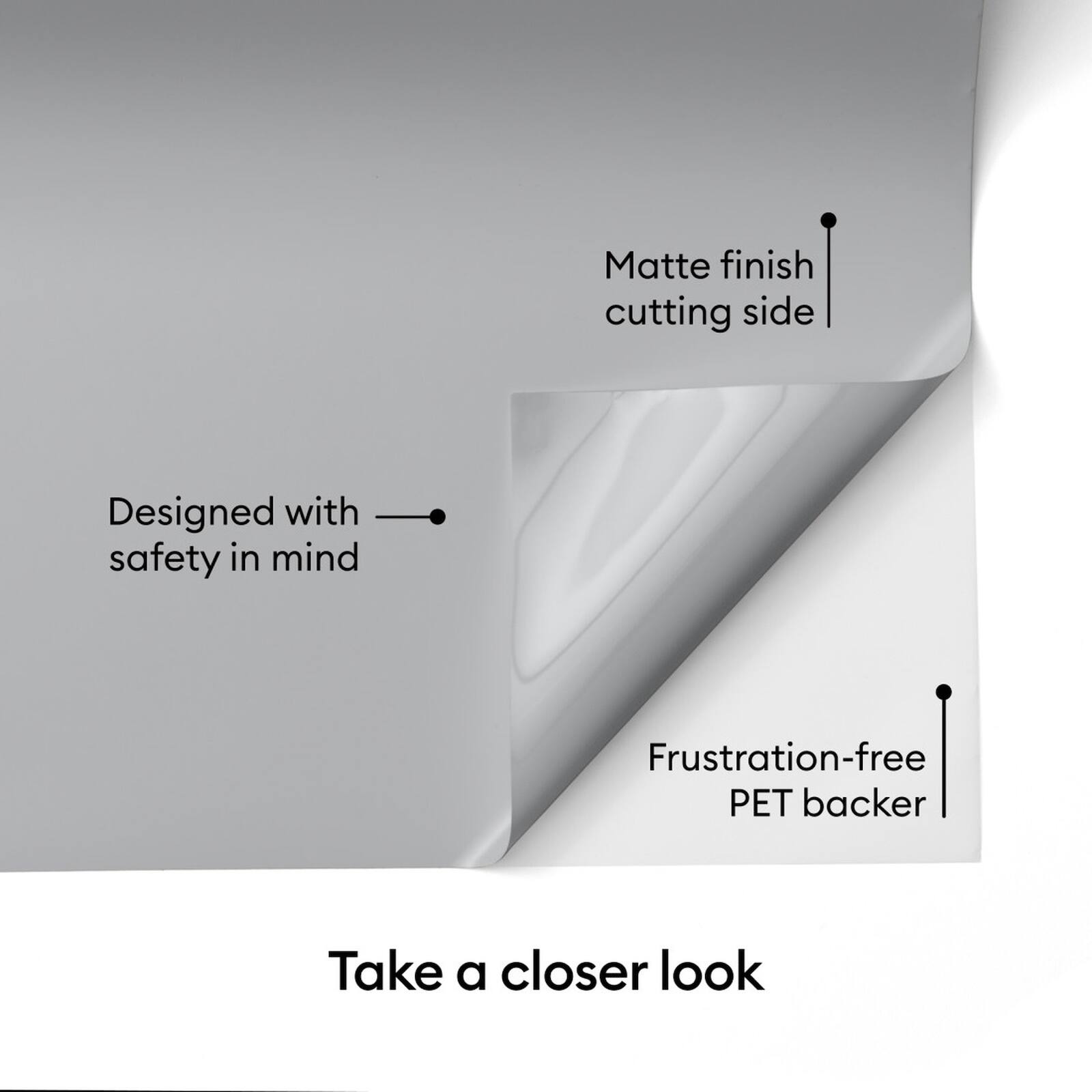 Matte finish cutting side  
Designed with safety in mind  
Frustration-free PET backer  

Take a closer look