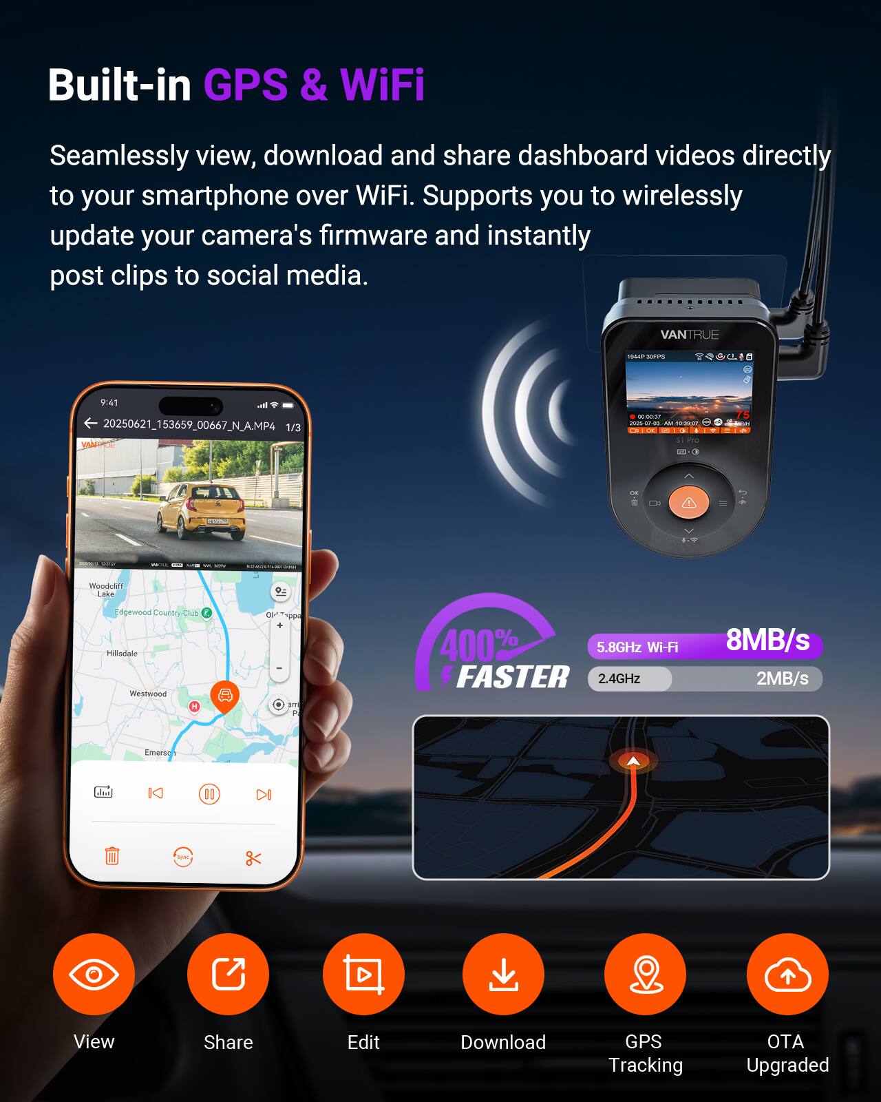 Built-in GPS & WiFi

Seamlessly view, download and share dashboard videos directly to your smartphone over WiFi. Supports you to wirelessly update your camera's firmware and instantly post clips to social media.

VANTRUE 544730 SP - 9:41 cl 20250621_153659_00667_N_A.MP4 1/3 VANE aa n08 ... IC - 75 E A - . - CdE - - - - .  Woodelf Lake Or Edgewood Country ClD Hillsdiale Westwood H OH Ye + ai 400% 5.8GHz Wi-Fi FASTER 2.4GHz 8MB/s 2MB/s Emerec A h DI I1 DI - View Share Edit Download GPS Tracking OTA Upgraded

- Built-in GPS & WiFi
- 400% FASTER
- 5.8GHz Wi-Fi 8MB/s
- 2.4GHz 2MB/s
- View
- Share
- Edit
- Download
- GPS Tracking
- OTA Upgraded