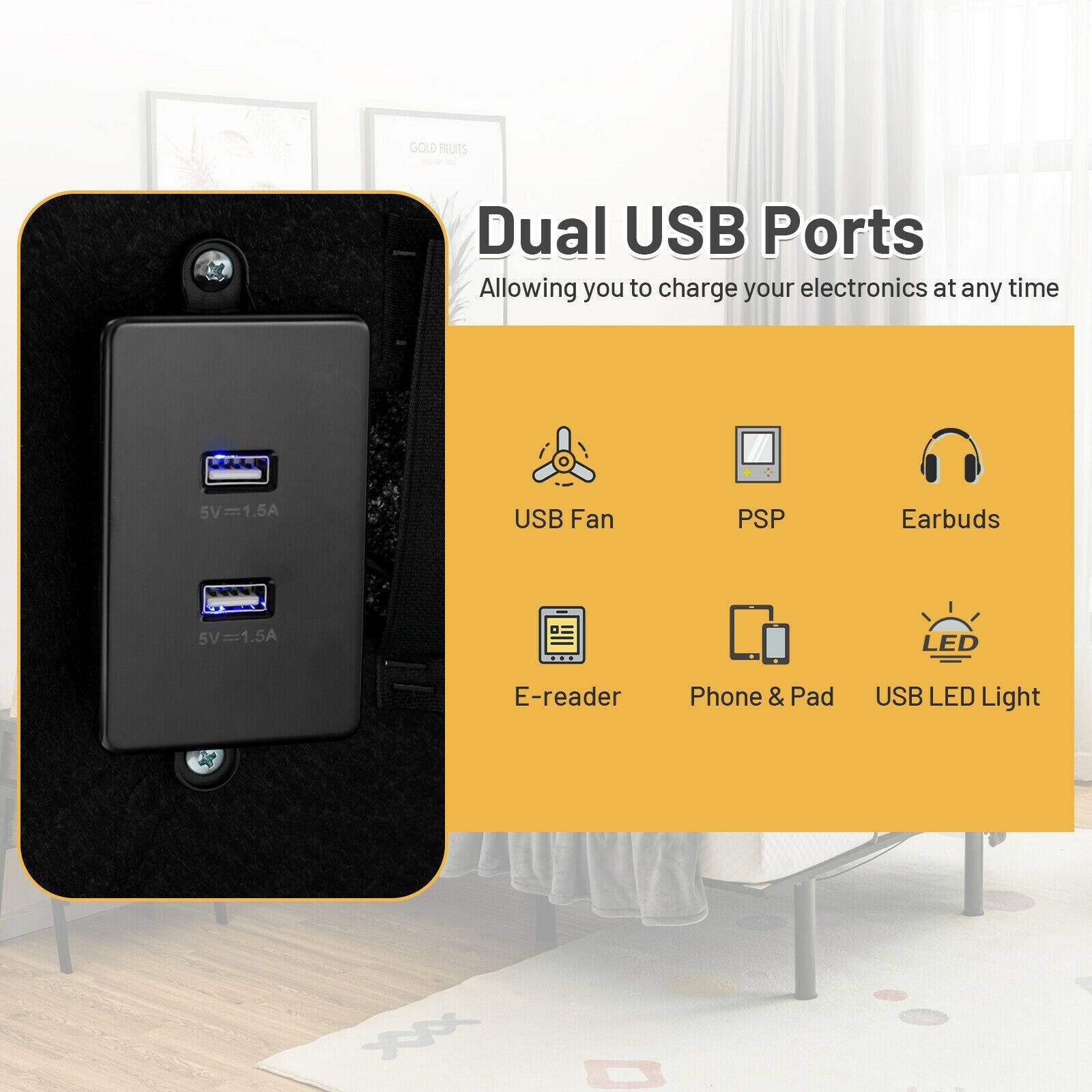GOLD FRUITS Dual USB Ports Allowing you to charge your electronics at any time 5V 5V=1.5A USB Fan PSP Earbuds 5V 5V=1.5A E-reader Phone & Pad USB LED Light