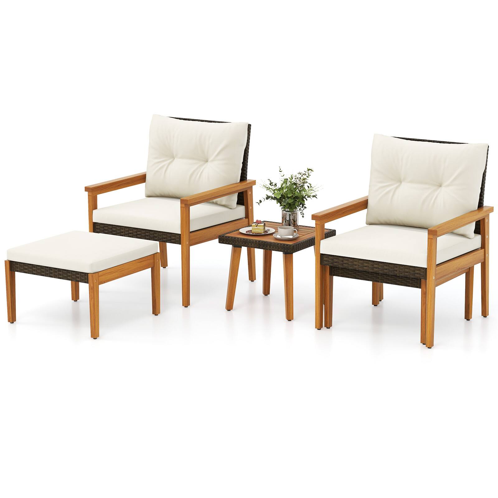 Back. SlickBlue - Rattan Patio Furniture Set 5-Piece with Square Coffee Table, Outdoor Seating - White.