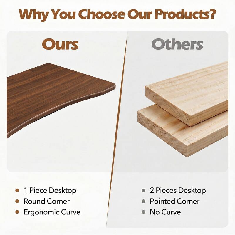 Why You Choose Our Products?  
Ours  
1 Piece Desktop  
Round Corner  
Ergonomic Curve  

Others  
2 Pieces Desktop  
Pointed Corner  
No Curve
