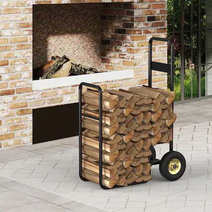 Front. Oumilen - Heavy-Duty Rolling Firewood Cart with Wheels, Black - Black.