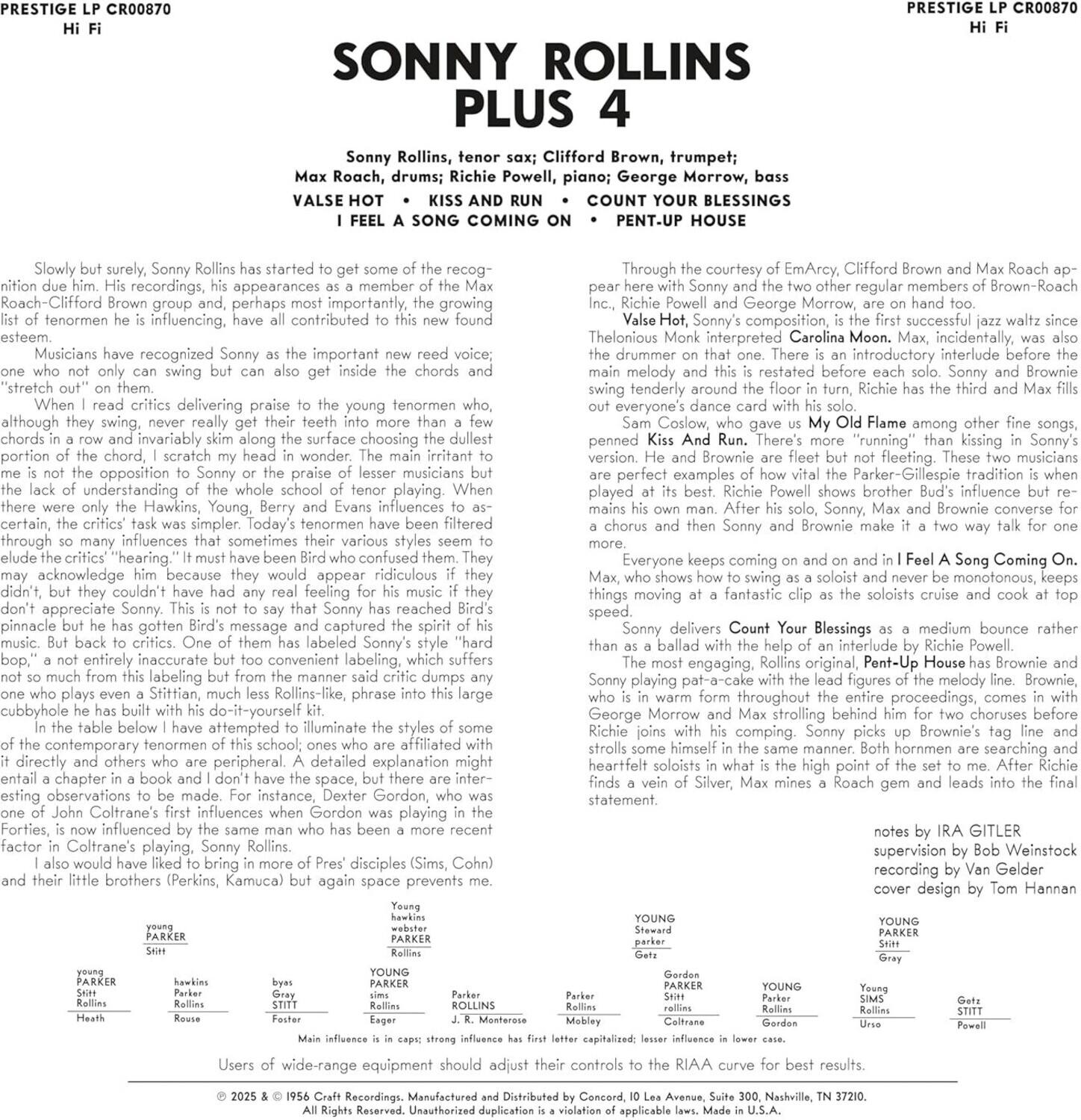 **SONNY ROLLINS PLUS 4**

**PRESTIGE LP CR00870**

**Hi Fi**

**SONNY ROLLINS**  
tenor sax;  
**MAX ROACH**, drums;  
**RICHIE POWELL**, piano;  
**GEORGE MORROW**, bass

**SONNY ROLLINS**  
tenor sax;  
**CLIFFORD BROWN**, trumpet;  
**MAX ROACH**, drums;  
**RICHIE POWELL**, piano;  
**GEORGE MORROW**, bass

**VALSE COUNT YOUR SONG COMING**  
**PENT-UP HOUSE**

---

**Slowly but surely, Sonny Rollins has started to get some of the recognition due him. His recordings, his appearances as a member of the Max Roach-Clifford Brown group and, perhaps most importantly, the growing list of tenormen he is influencing, have all contributed to this new found esteem. Musicians have recognized Sonny as the get important new reed voice; one who not only can swing but can also get the critics delivering praise to the young tenorman who, although they swing, invariably get their teeth into more than a few chords and scratch my head