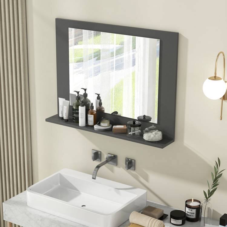 Angle. Hivvago - Rectangular 23 x 17 inch Bathroom Mirror with Storage Shelf in Grey Wood Finish - Grey Finish.