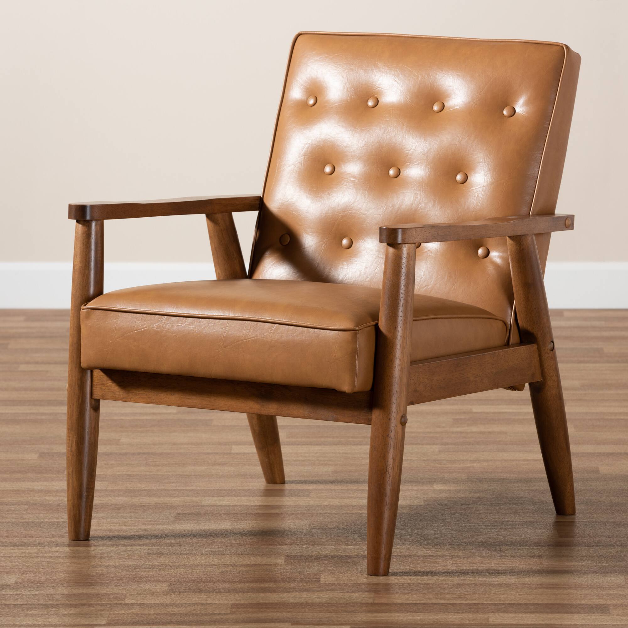 Alt View 4. Baxton Studio - Sorrento Mid-Century Modern Tan Faux Leather Upholstered and Walnut Finished Wood Lounge Chair - Tan/walnut brown.