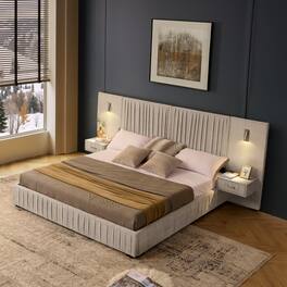 Anysun - King Chenille Upholstered Platform Bed with Pleated Design & Headboard - Solid Frame, Side Table, No Box Spring Needed - Beige
