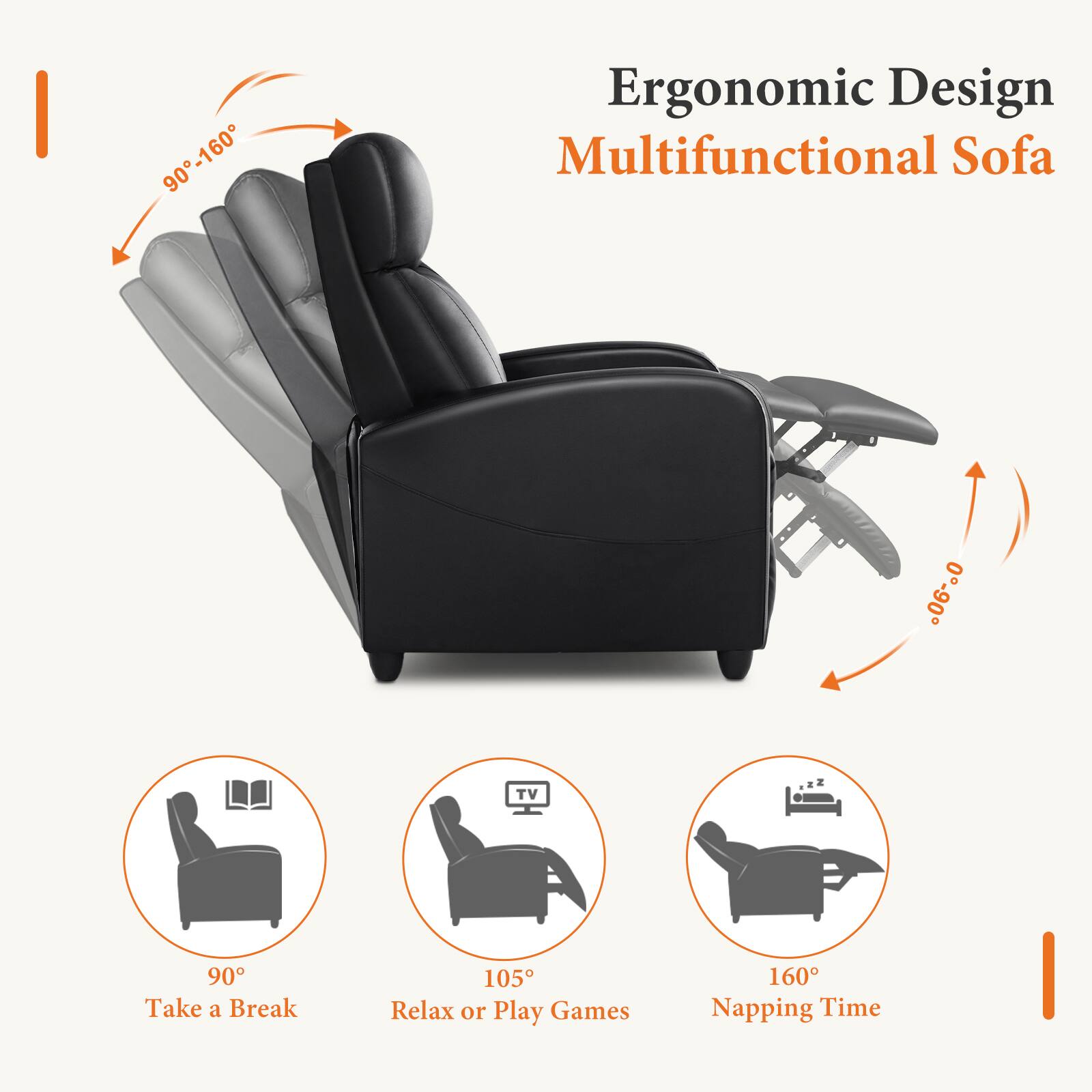 90-160
Ergonomic Design Multifunctional Sofa
0-90
TV
90 Take a Break
105 Relax or Play Games
160 Napping Time