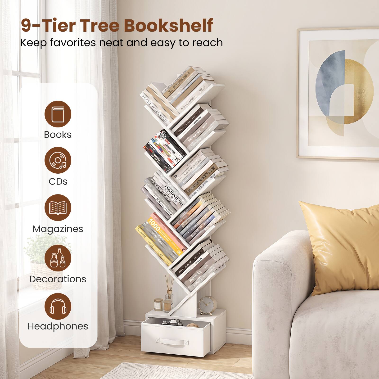 9-Tier Tree Bookshelf  
Keep favorites neat and easy to reach

Books  
CDs  
Magazines  
Decorations  
Headphones