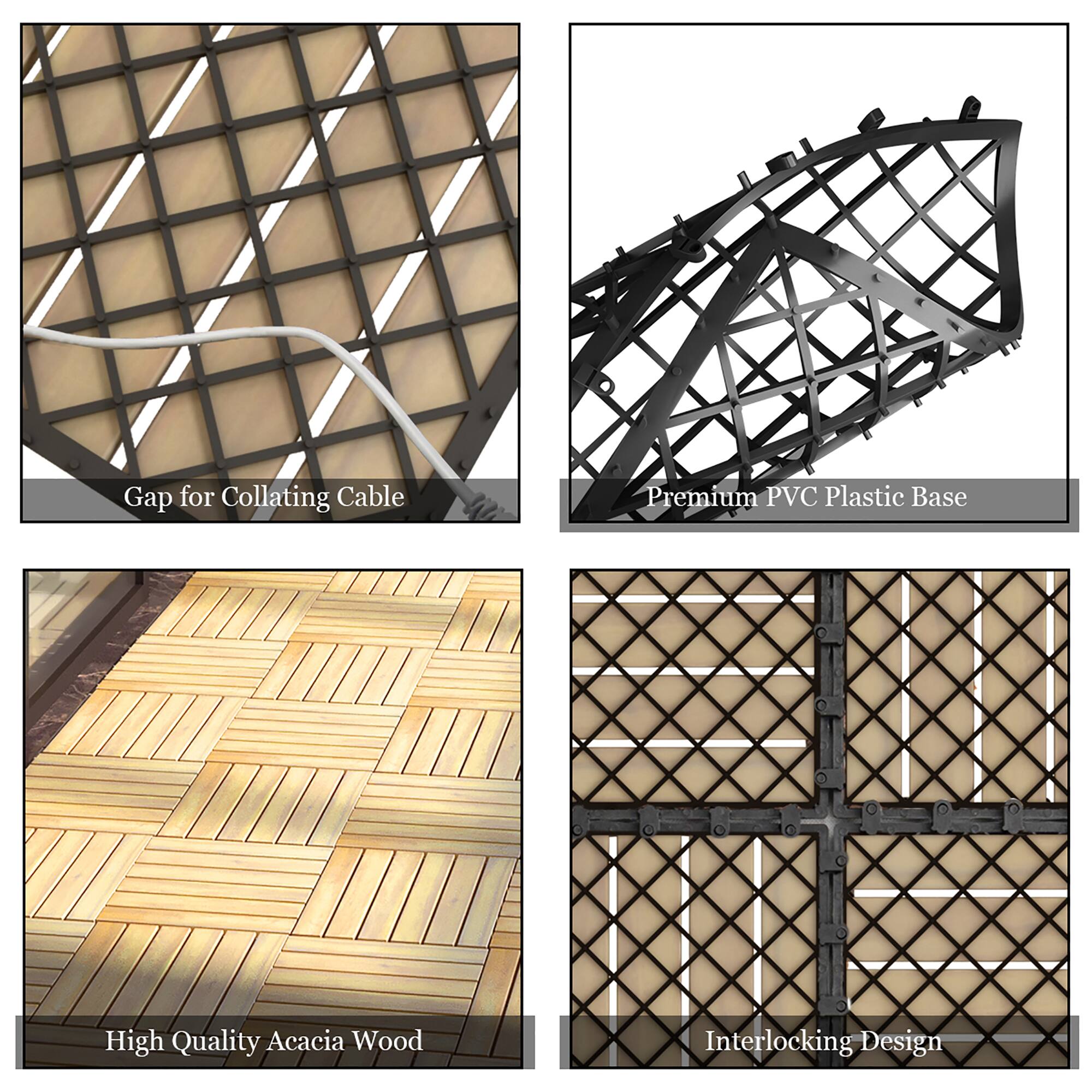 - Gap for Collating Cable
- Premium PVC Plastic Base
- High Quality Acacia Wood
- Interlocking Design