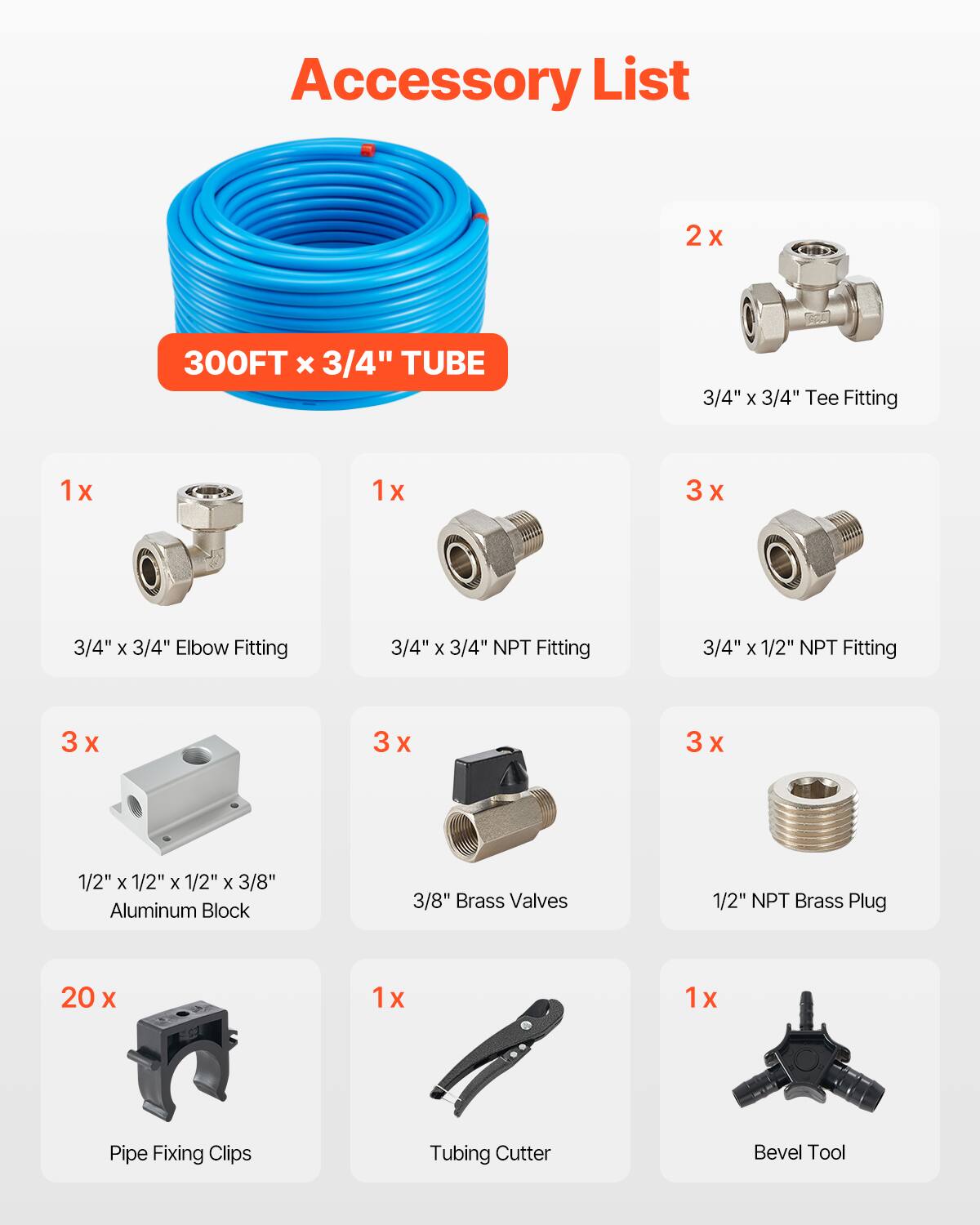 Accessory List  
- 2 x 300FT x 3/4" TUBE  
- 3/4" x 3/4" Tee Fitting  
- 1 x 3/4" x 3/4" Elbow Fitting  
- 1 x 3/4" x 3/4" NPT Fitting  
- 3 x 3/4" x 1/2" NPT Fitting  
- 3 x 1/2" x 1/2" x 1/2" x 3/8" Aluminum Block  
- 3 x 3/8" Brass Valves  
- 1 x 1/2" NPT Brass Plug  
- 20 x Pipe Fixing Clips  
- 1 x Tubing Cutter  
- 1 x Bevel Tool