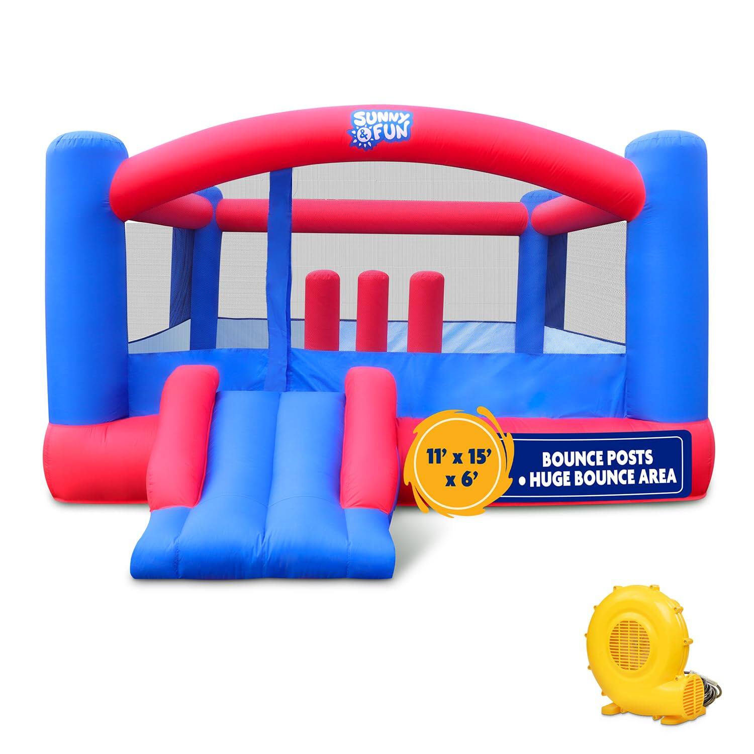 Sunny & Fun - Giant Inflatable Bounce House with Built-In Posts, Air Pump & Carrying Case - Red/Blue