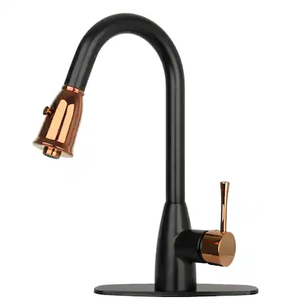 Front. Akicon - Akicon One-Handle Solid Brass Kitchen Faucet with Pull Down Sprayer in Matte Black & Rose Gold - Matte Black & Rose Gold.