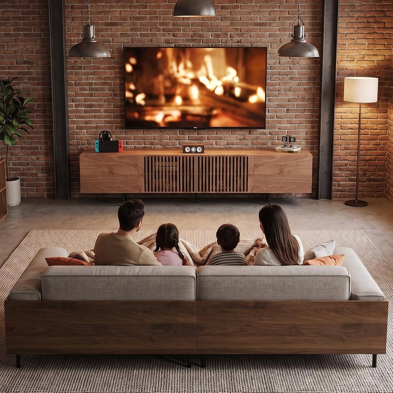 Back. luck idea - Mid-Century Modern TV Stands 94.48"  Consoles,up to100'' Media Centerw/ Cabinets & wood Doors&Metal Frame,Walnut-colored - brown.